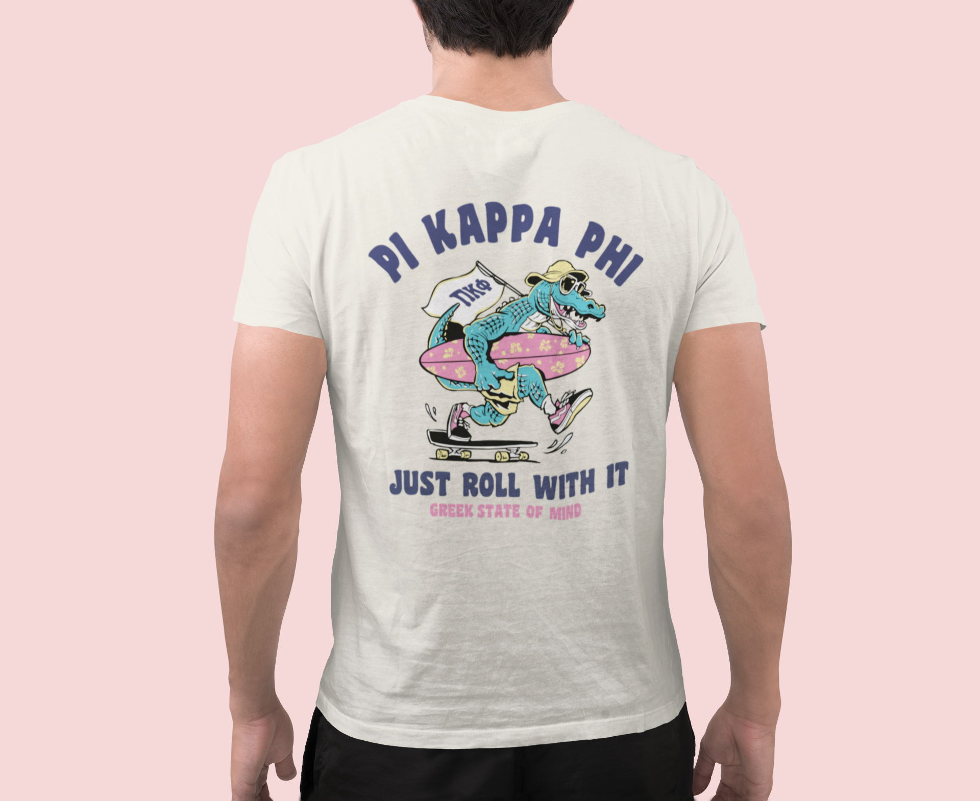 White Pi Kappa Phi Graphic T-Shirt | Alligator Skater | Pi kappa alpha fraternity shirt model 