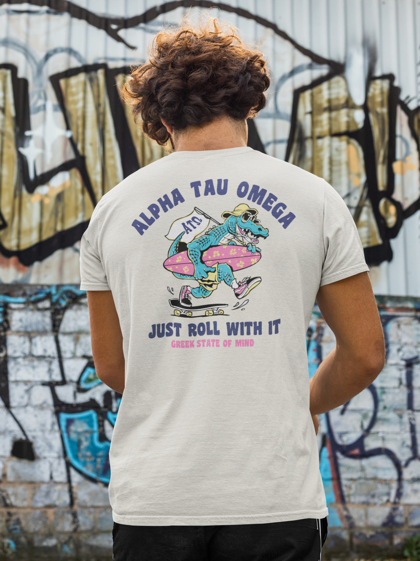 white Alpha Tau Omega Graphic T-Shirt | Alligator Skater | Alpha Sigma Phi Fraternity Merch model 