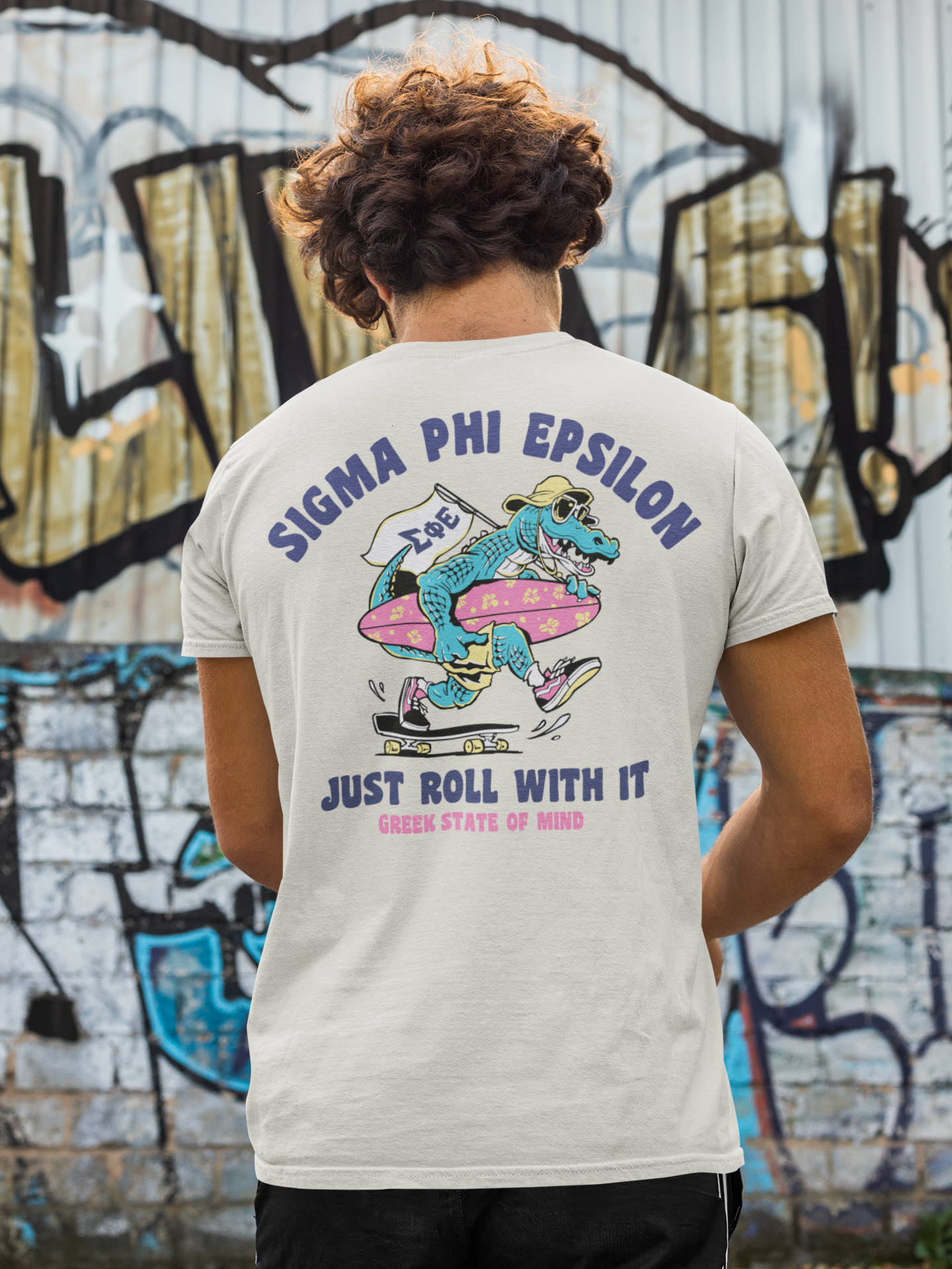 Sigma Phi Epsilon Graphic T-Shirt | Alligator Skater | SigEp Clothing - Campus Apparel model 