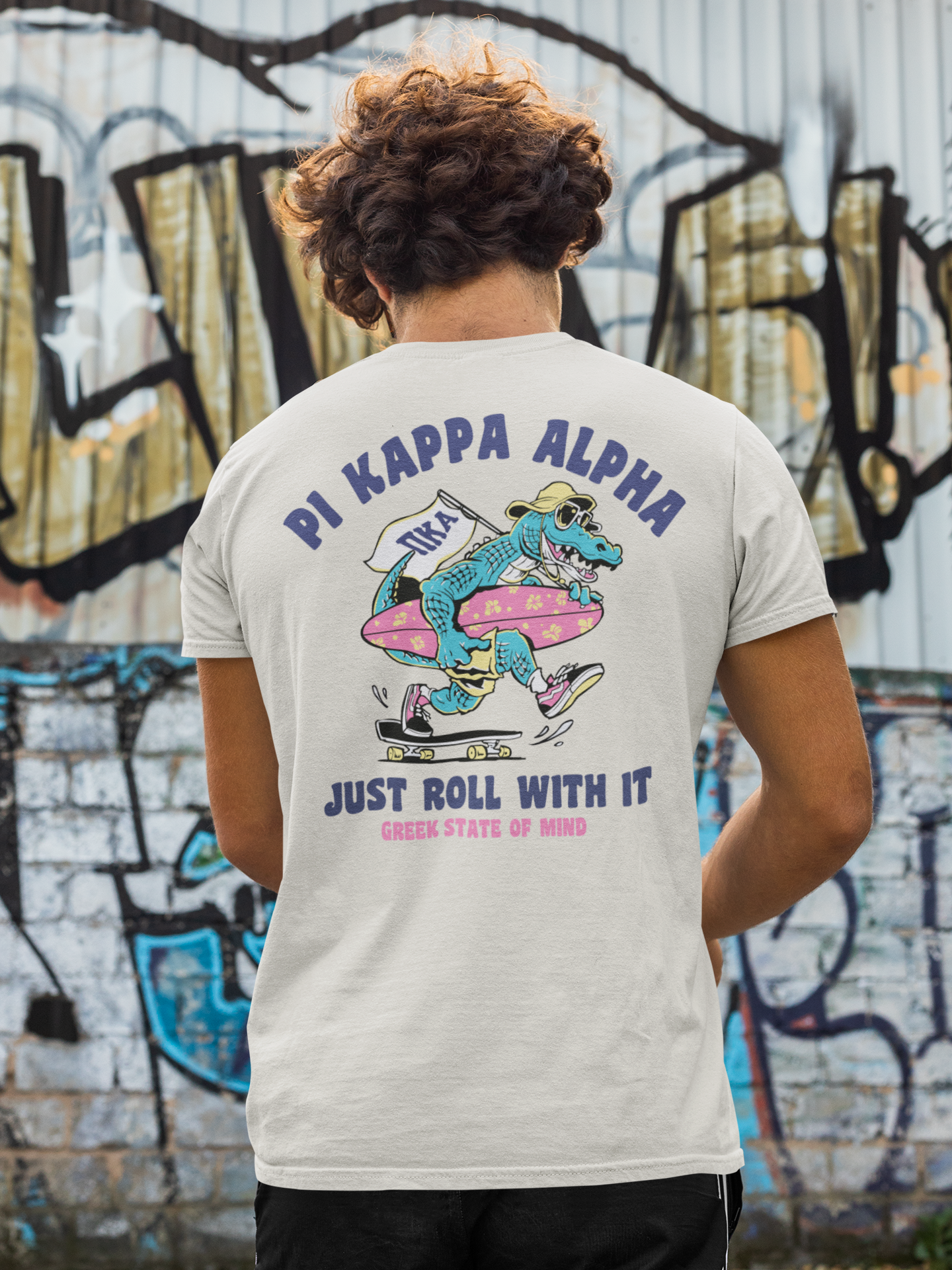 white Pi Kappa Alpha Graphic T-Shirt | Alligator Skater | Pi kappa alpha fraternity shirt model 