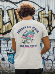 white Lambda Chi Alpha Graphic T-Shirt | Alligator Skater | Alpha Tau Omega Fraternity Apparel back model 