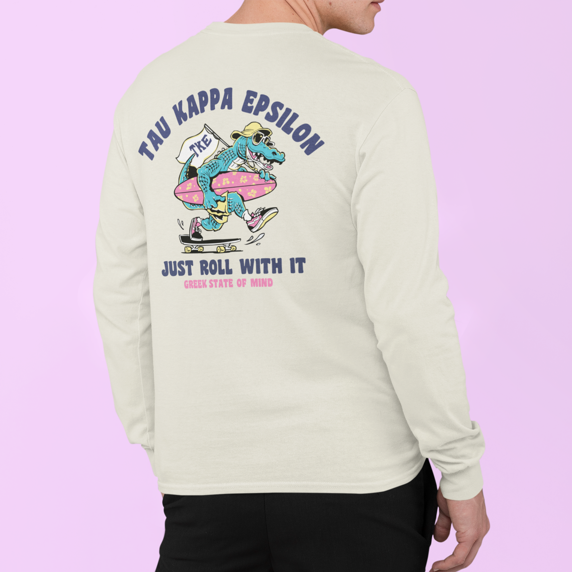 White Tau Kappa Epsilon Graphic Long Sleeve | Alligator Skater | TKE Clothing and Merchandise model 