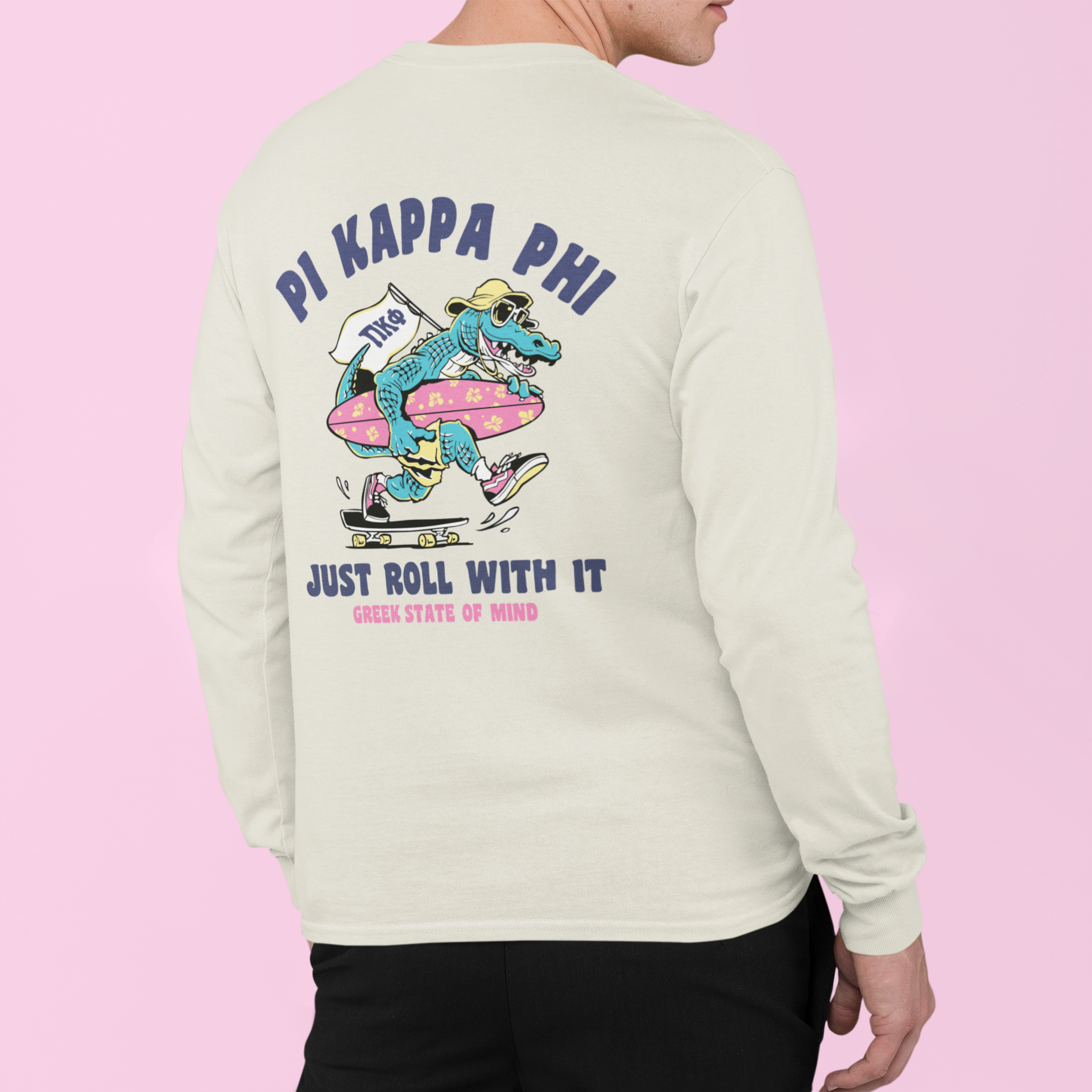 white Pi Kappa Phi Graphic Long Sleeve | Alligator Skater | Pi kappa alpha fraternity shirt model 