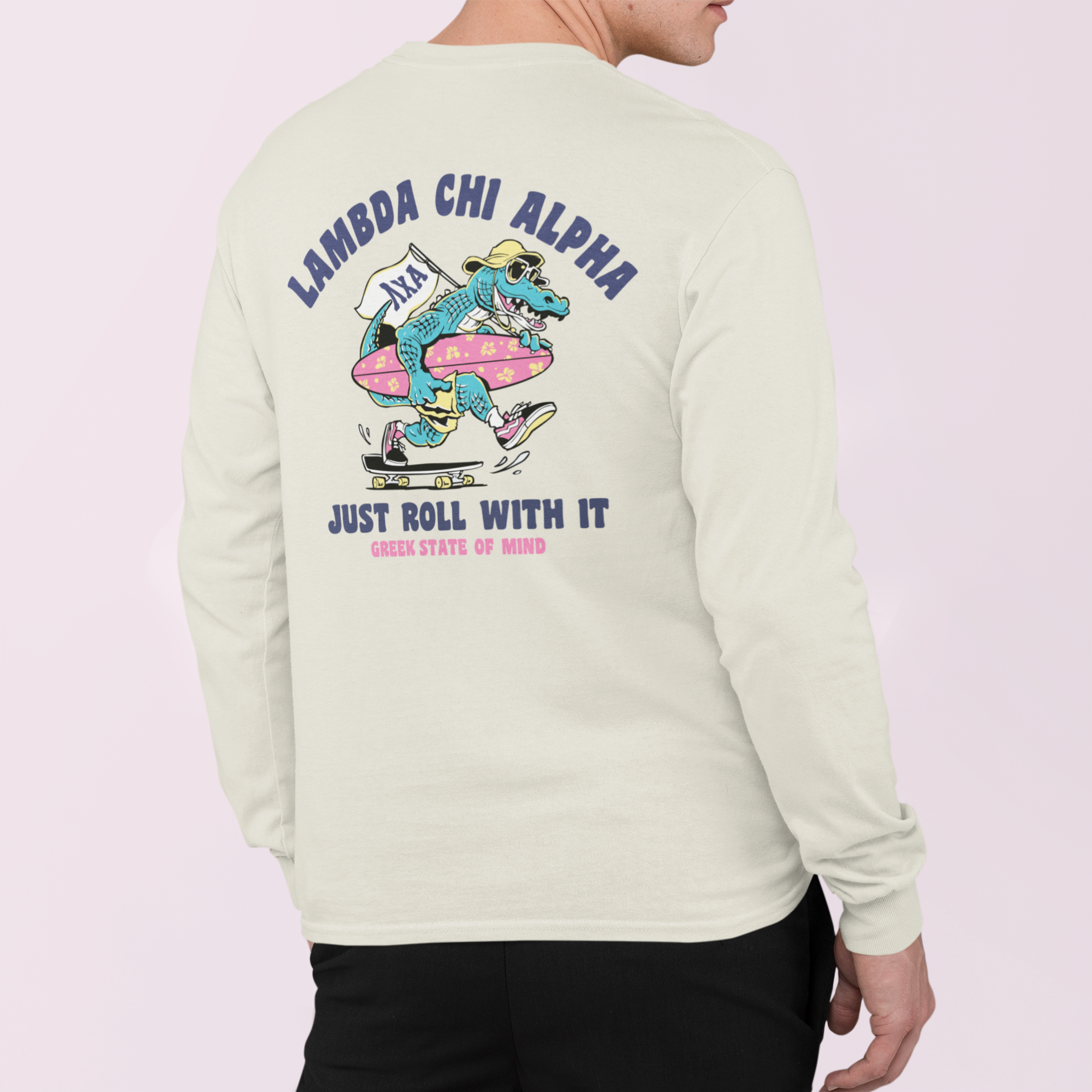 white Lambda Chi Alpha Graphic Long Sleeve | Alligator Skater | Lambda Chi Alpha Fraternity Apparel 