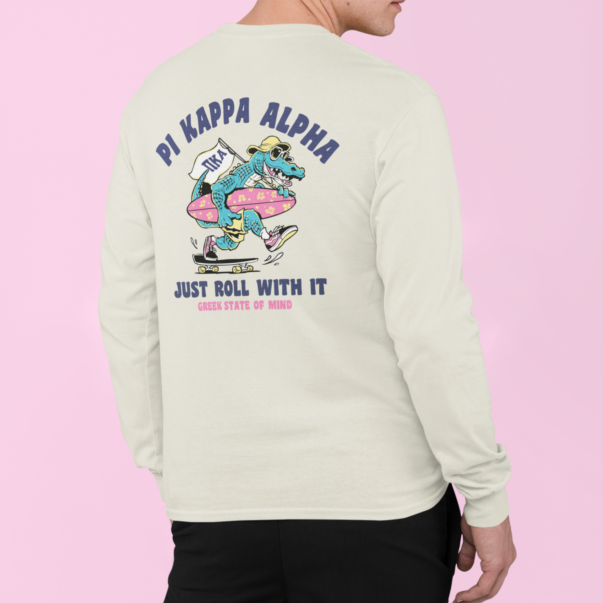 white Pi Kappa Alpha Graphic Long Sleeve | Alligator Skater | Pi kappa alpha fraternity shirt model 