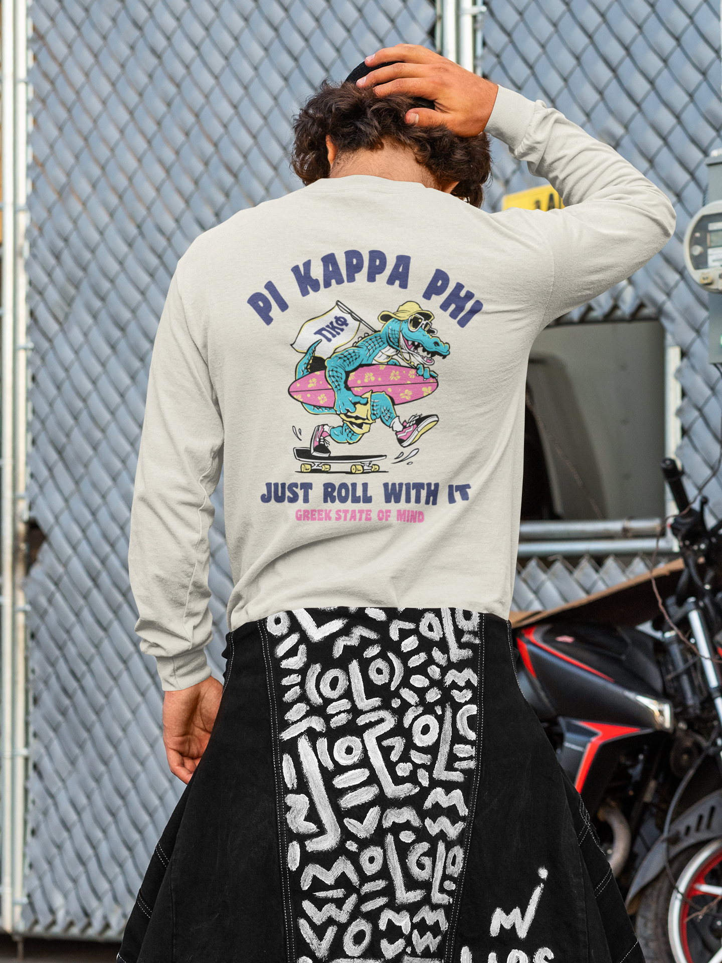 Pi Kappa Phi Graphic Long Sleeve | Alligator Skater | Pi kappa alpha fraternity shirt model 