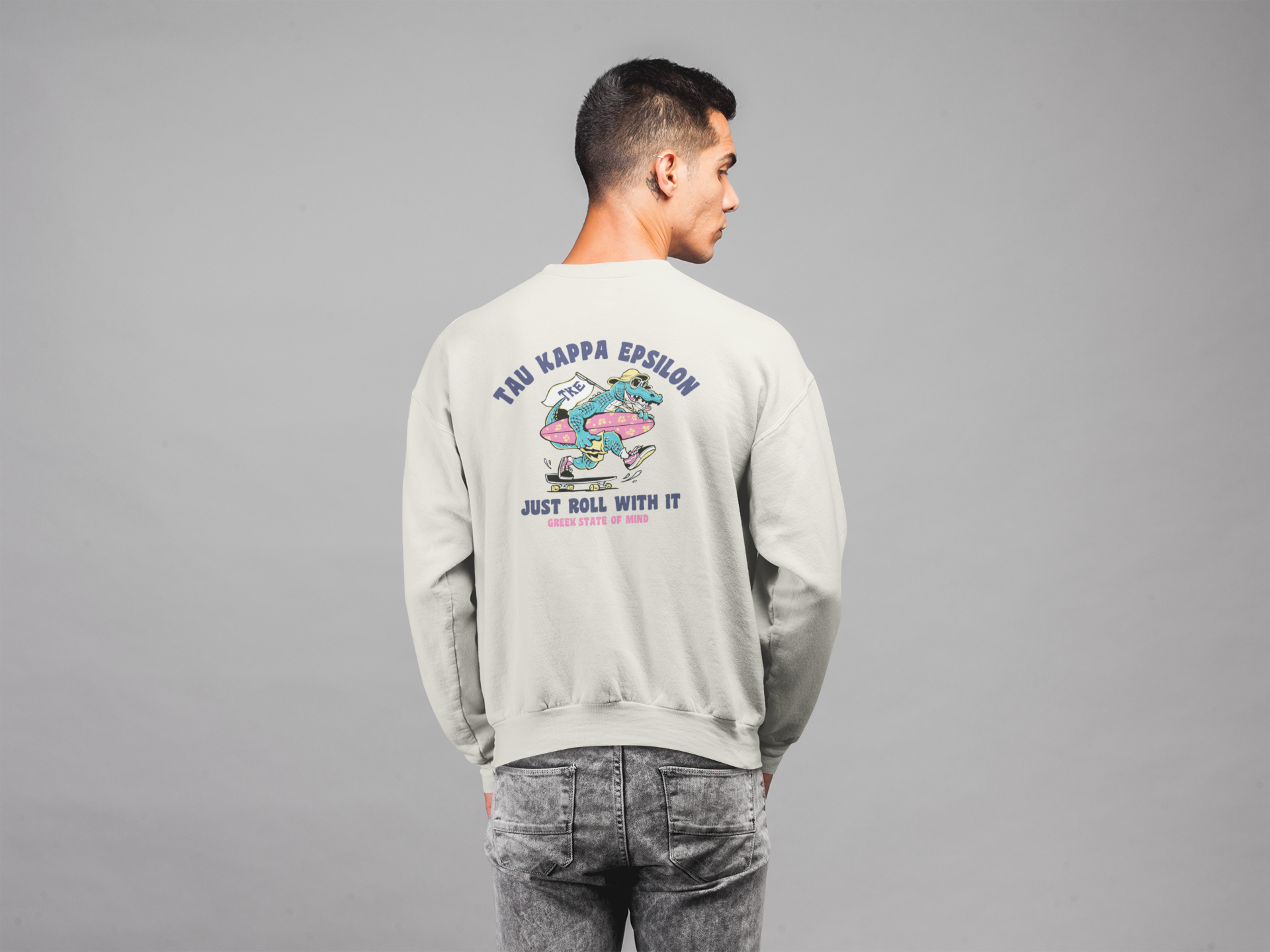 White Tau Kappa Epsilon Graphic Crewneck Sweatshirt | Alligator Skater | TKE Clothing and Merchandise model