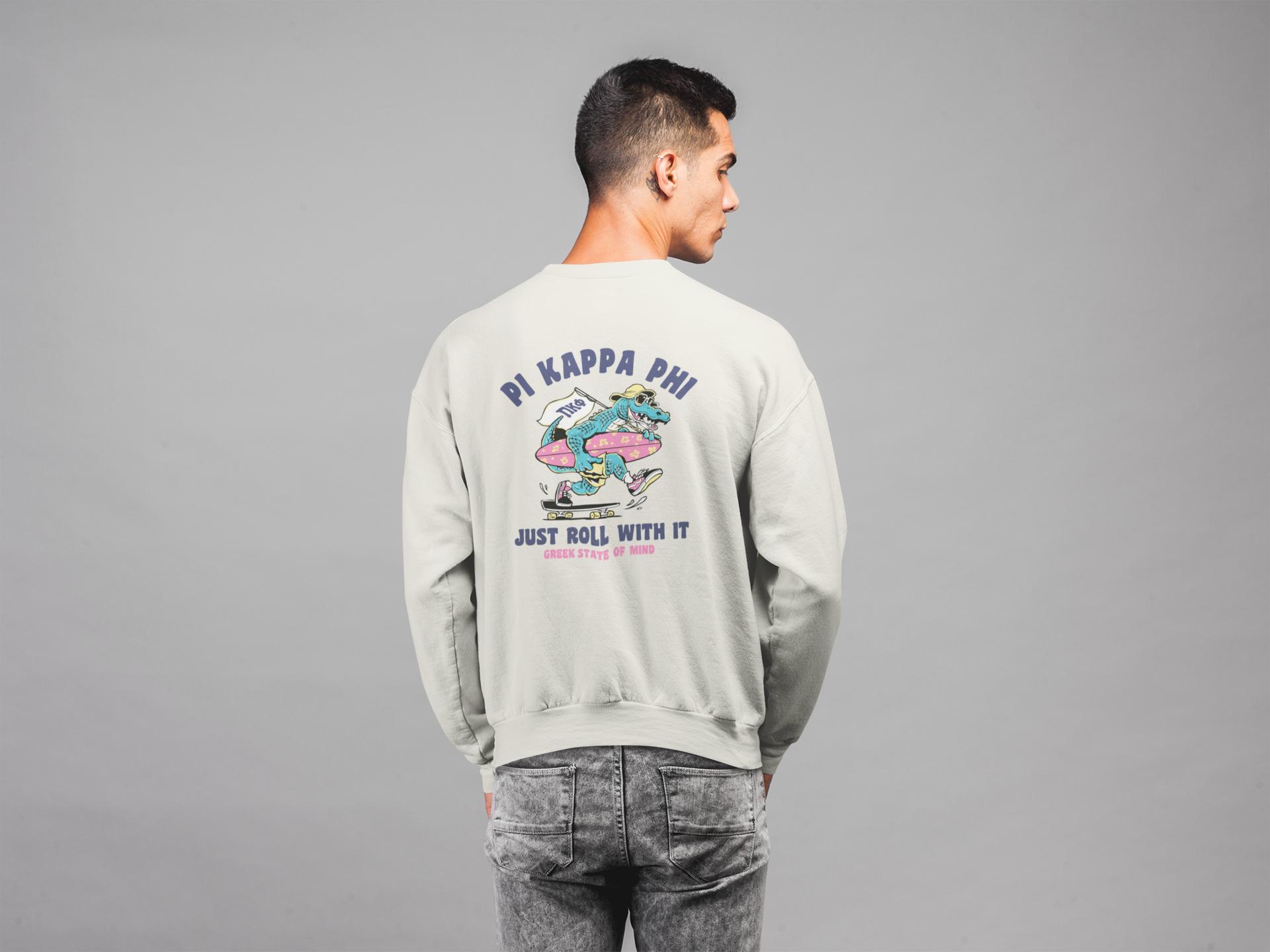 White Pi Kappa Phi Graphic Crewneck Sweatshirt | Alligator Skater | Pi kappa alpha fraternity shirt model 