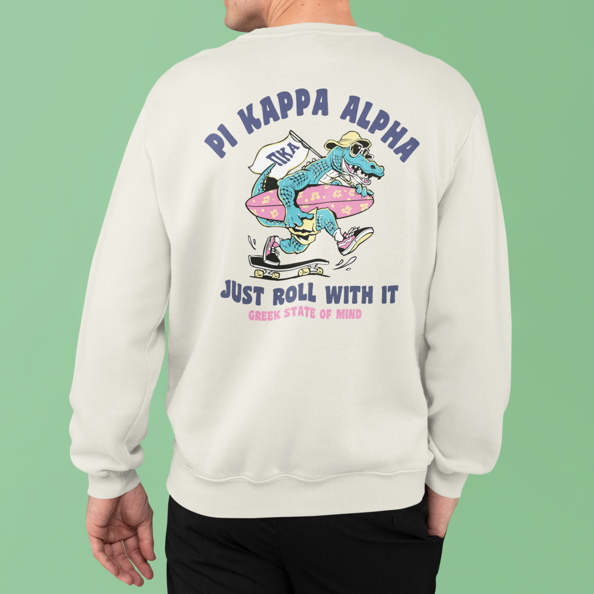 white Pi Kappa Alpha Graphic Crewneck Sweatshirt | Alligator Skater | Pi kappa alpha fraternity shirt back model 