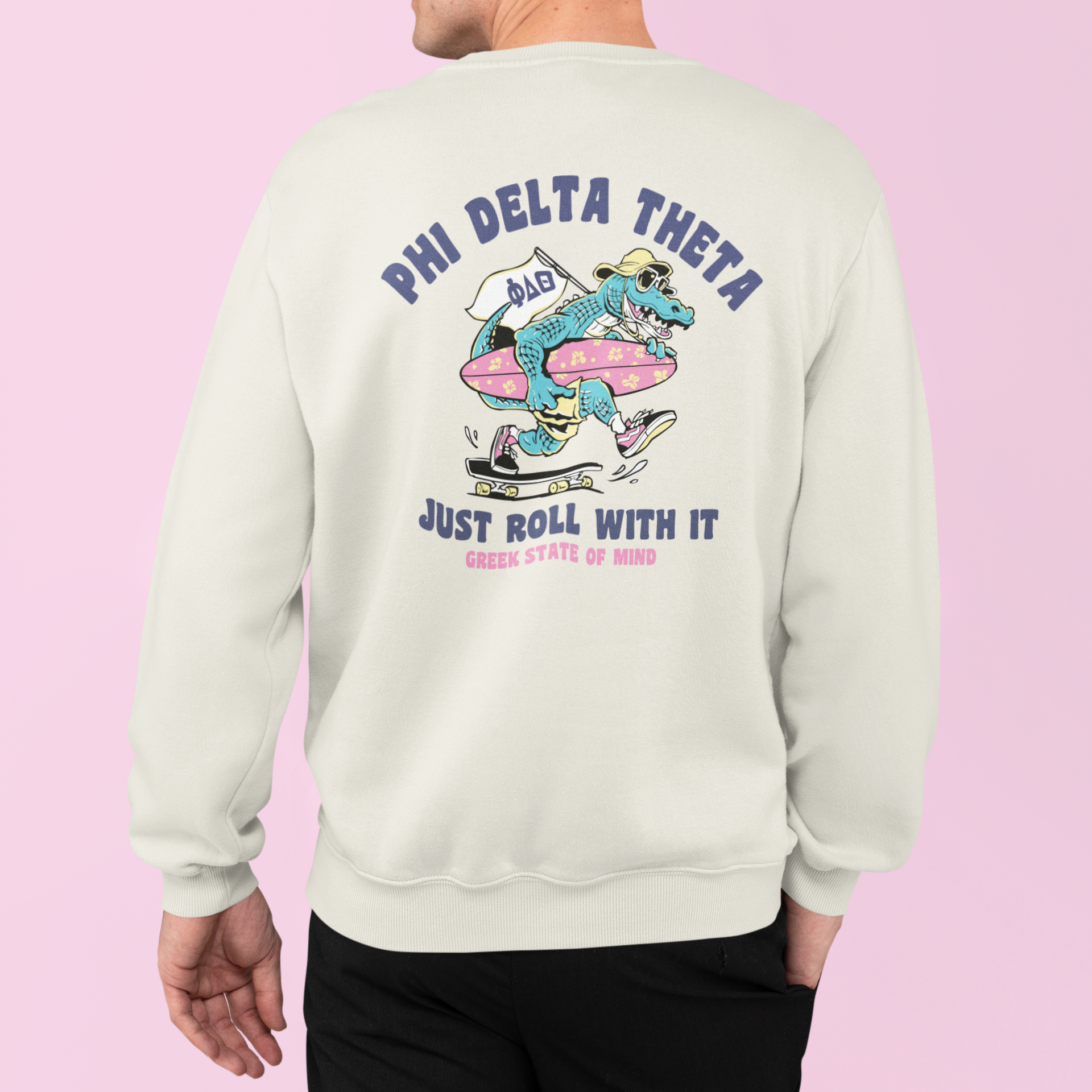 white Phi Delta Theta Graphic Crewneck Sweatshirt | Alligator Skater | phi delta theta fraternity greek apparel model 