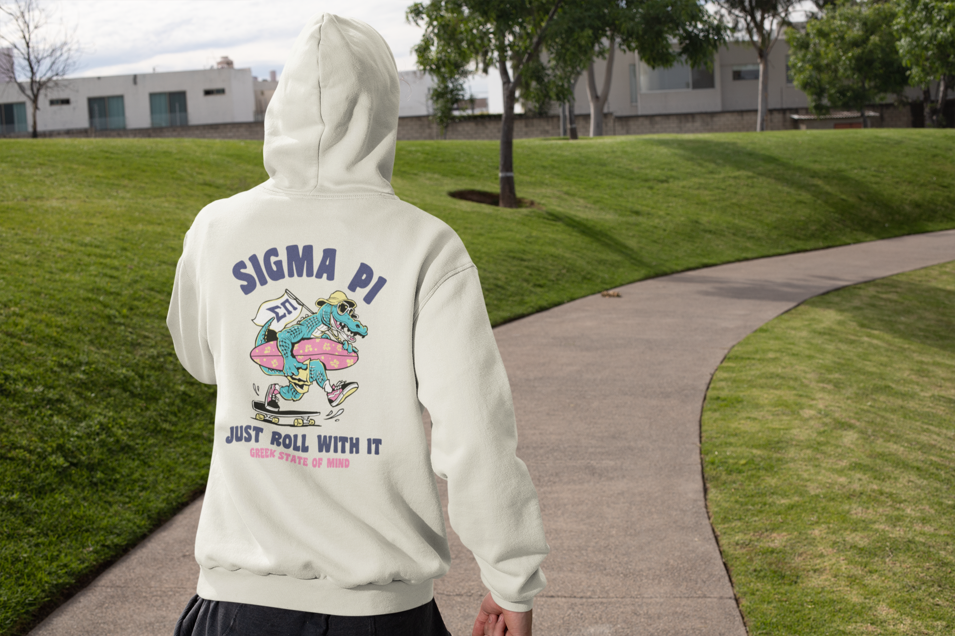 White Sigma Pi Graphic Hoodie | Alligator Skater | Sigma Pi Apparel and Merchandise  model 