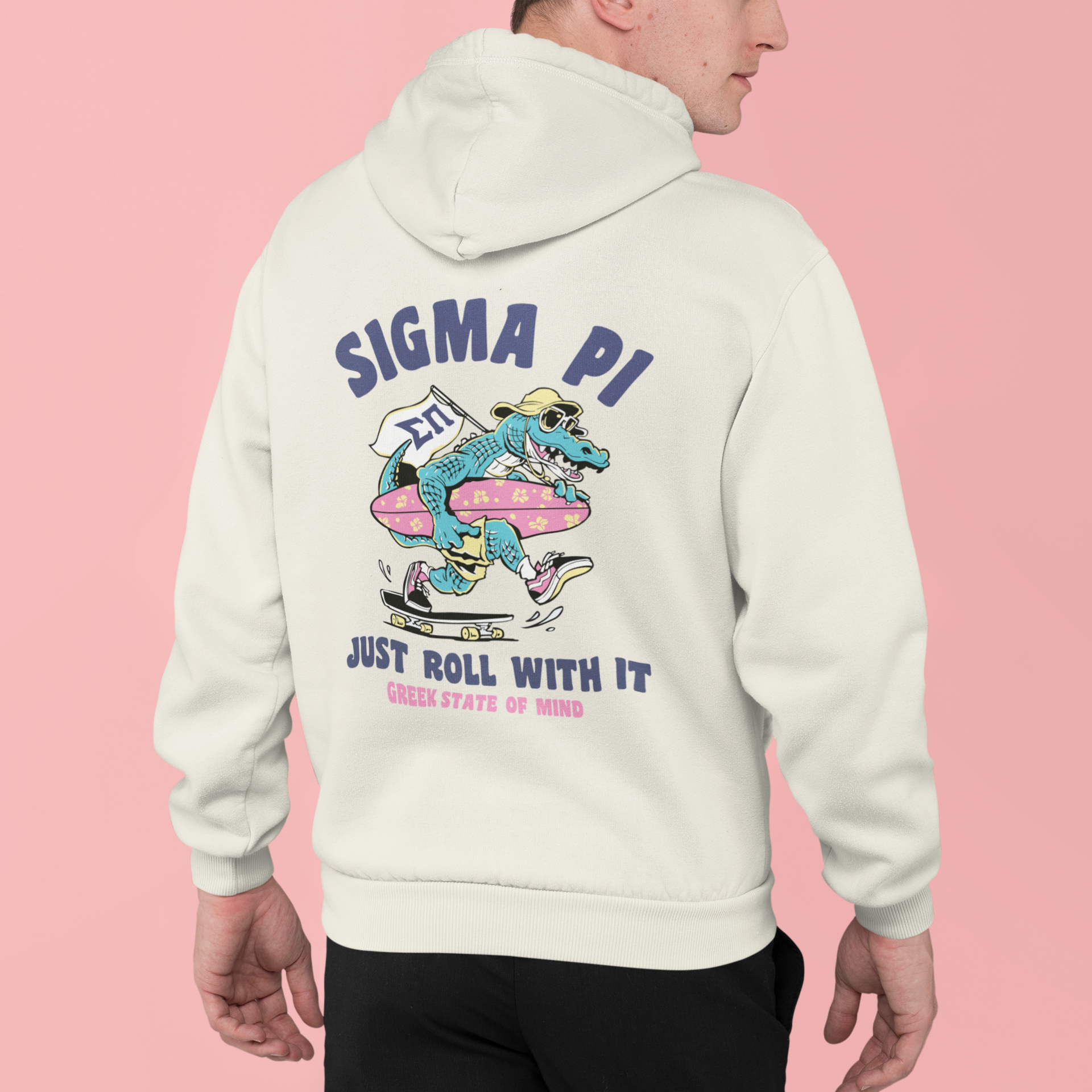 White Sigma Pi Graphic Hoodie | Alligator Skater | Sigma Pi Apparel and Merchandise  back model 
