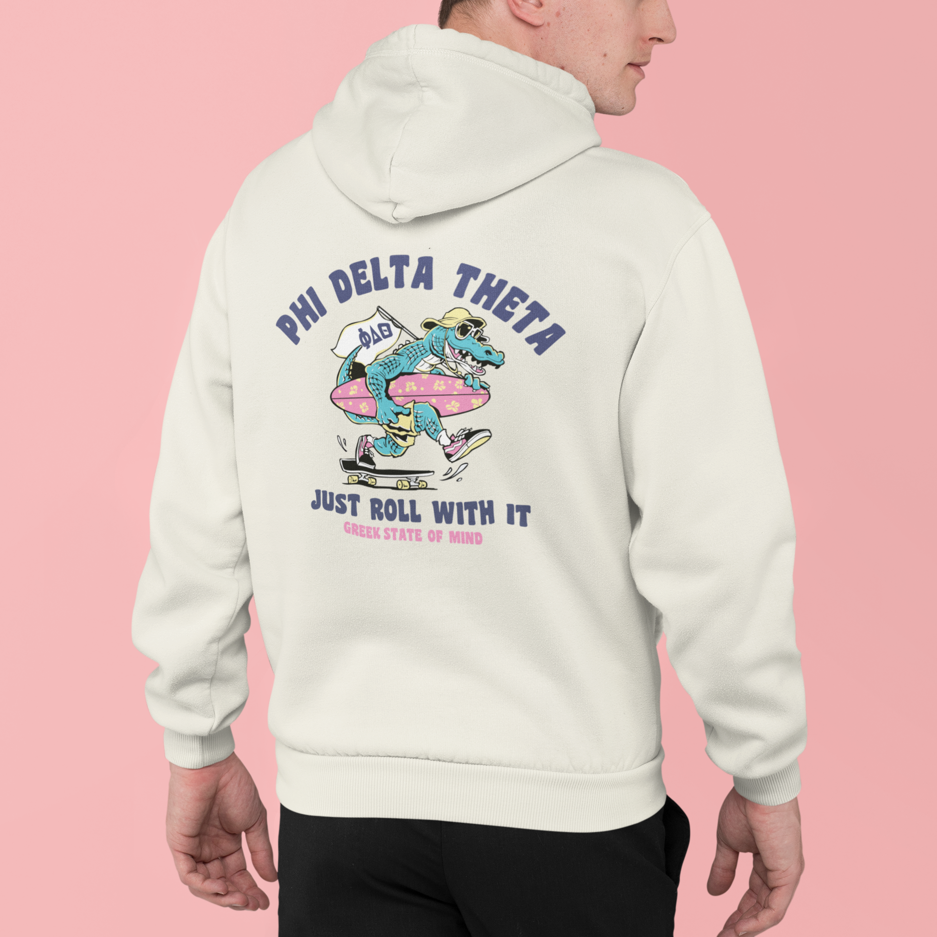 white Phi Delta Theta Graphic Hoodie | Alligator Skater | phi delta theta fraternity greek apparel model 