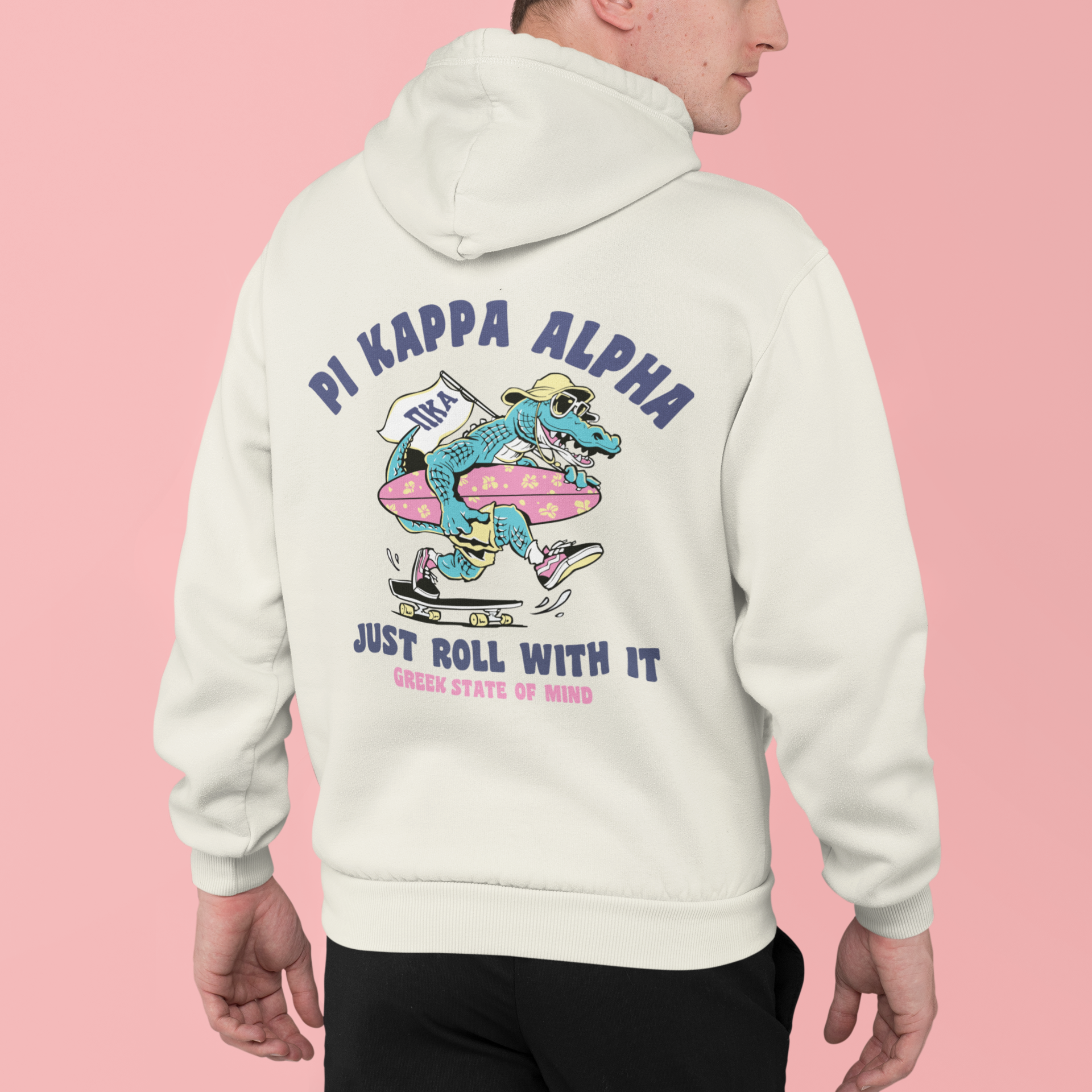 white Pi Kappa Alpha Graphic Hoodie | Alligator Skater | Pi kappa alpha fraternity shirt  back model 