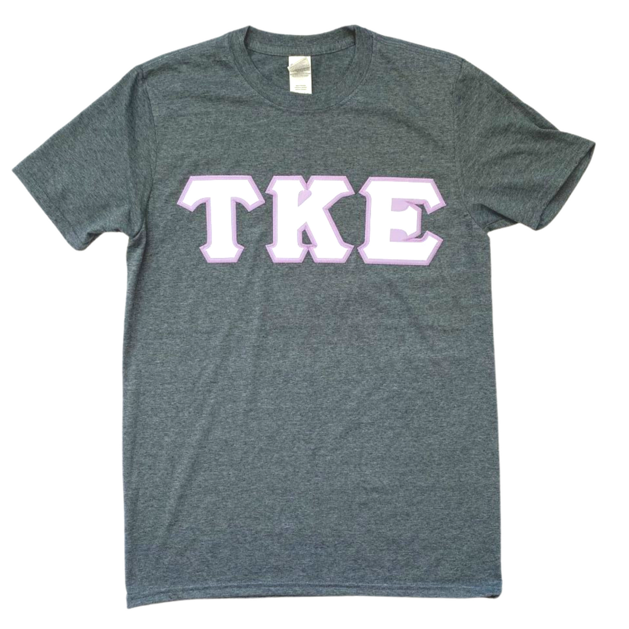 Tau Kappa Epsilon Stitched Letter T-Shirt | Dark Heather | White with Lilac Border