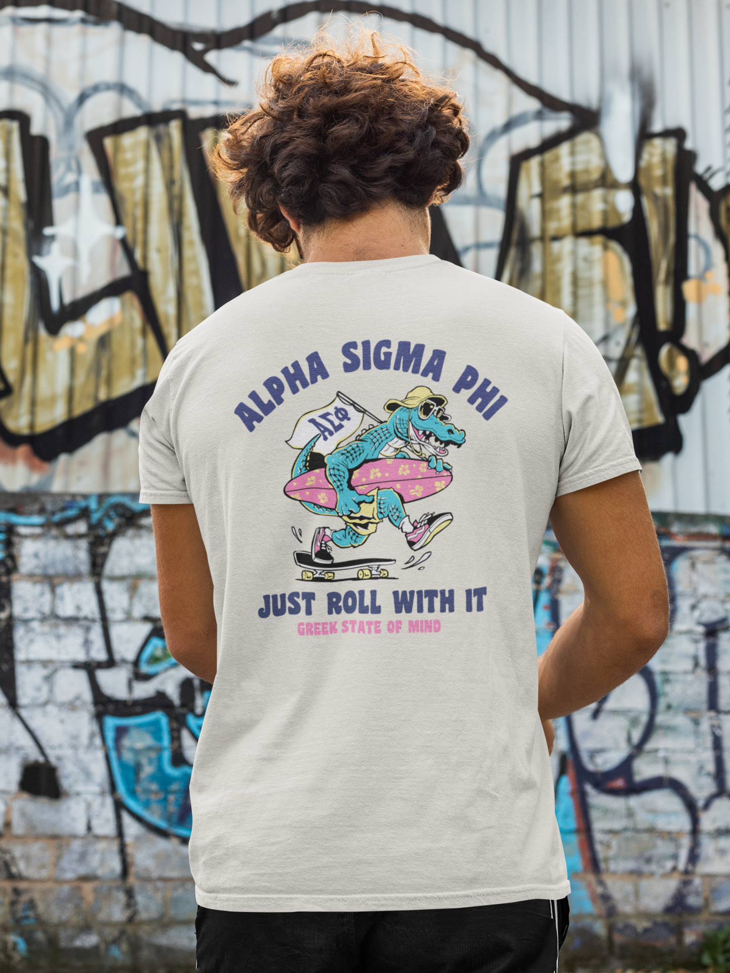 White Alpha Sigma Phi Graphic T-Shirt | Alligator Skater | Alpha Sigma Phi Fraternity Shirt Back Model 