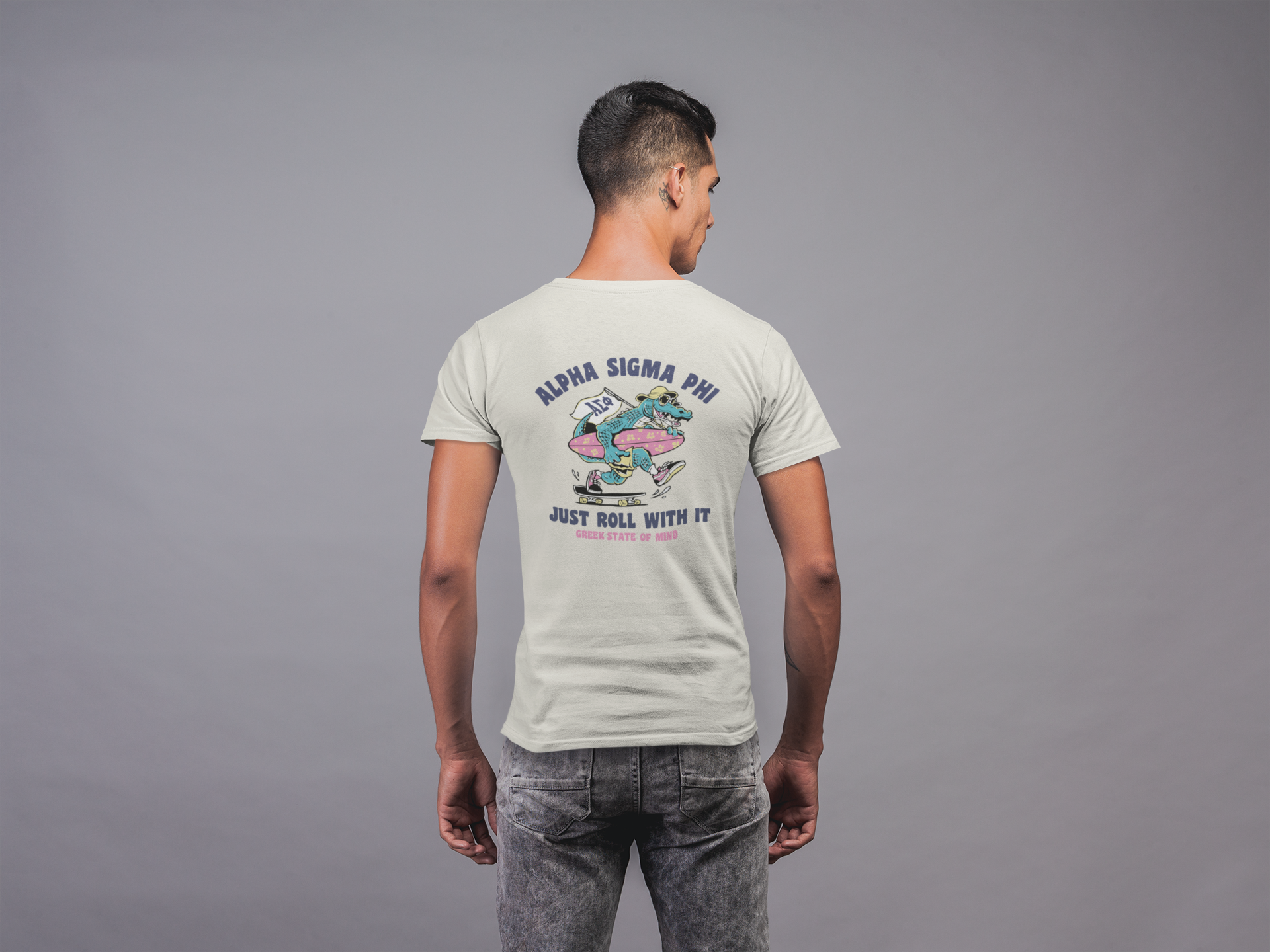 White Alpha Sigma Phi Graphic T-Shirt | Alligator Skater | Alpha Sigma Phi Fraternity Shirt Back Model  