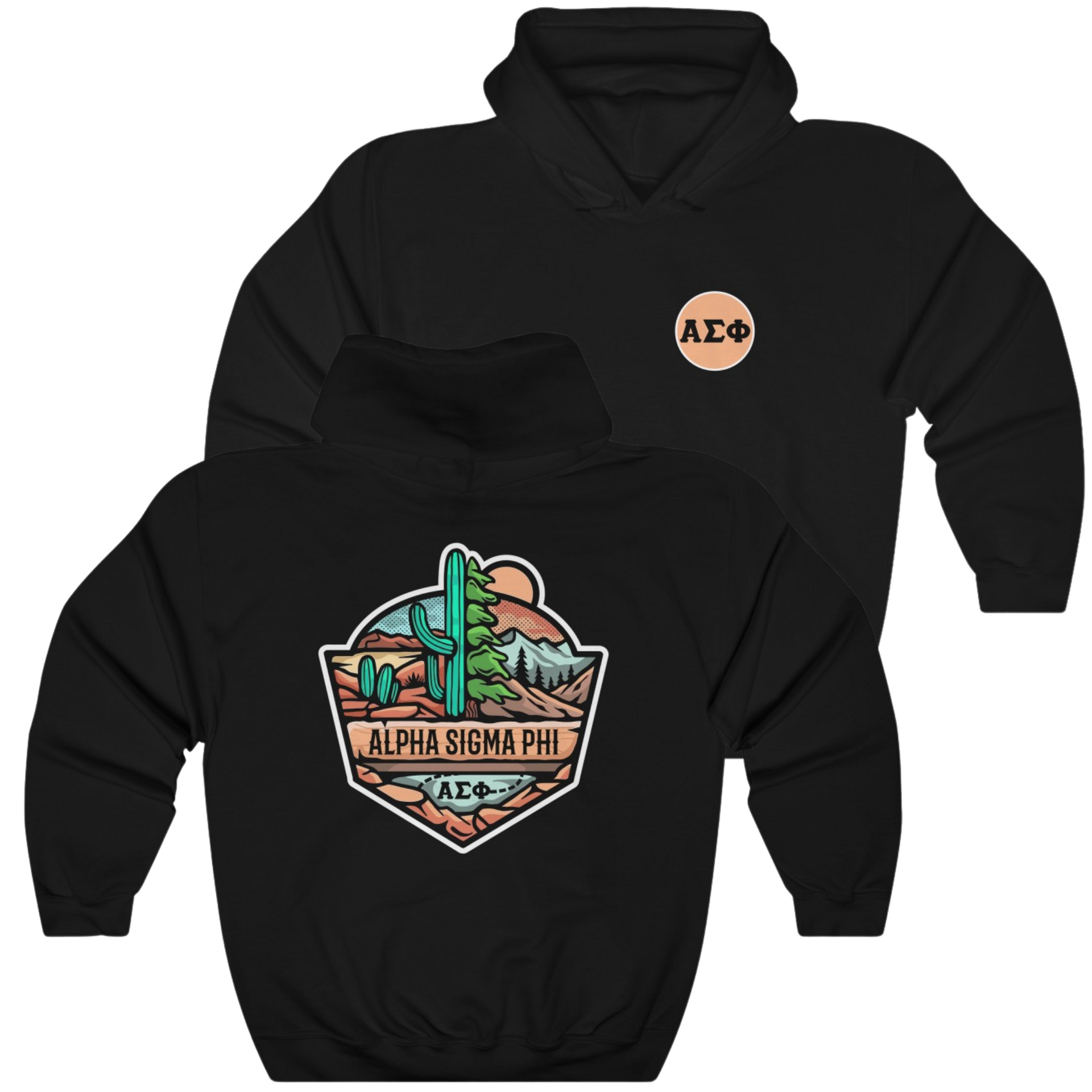Black Alpha Sigma Phi Graphic Hoodie | Desert Mountains | Alpha Sigma Phi Fraternity Shirt