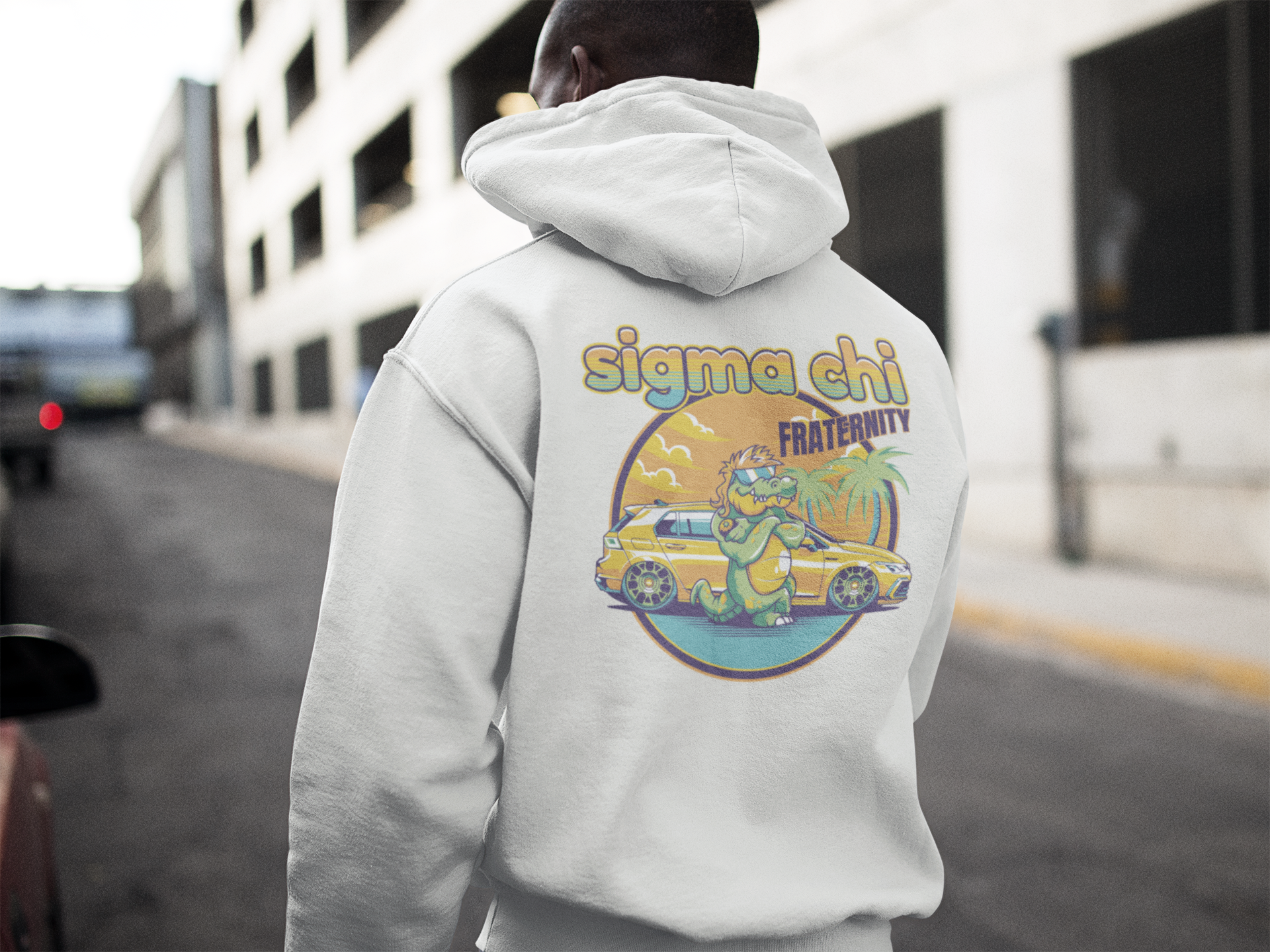White Sigma Chi Graphic Hoodie | Cool Croc | Sigma Chi Fraternity Apparel back model 