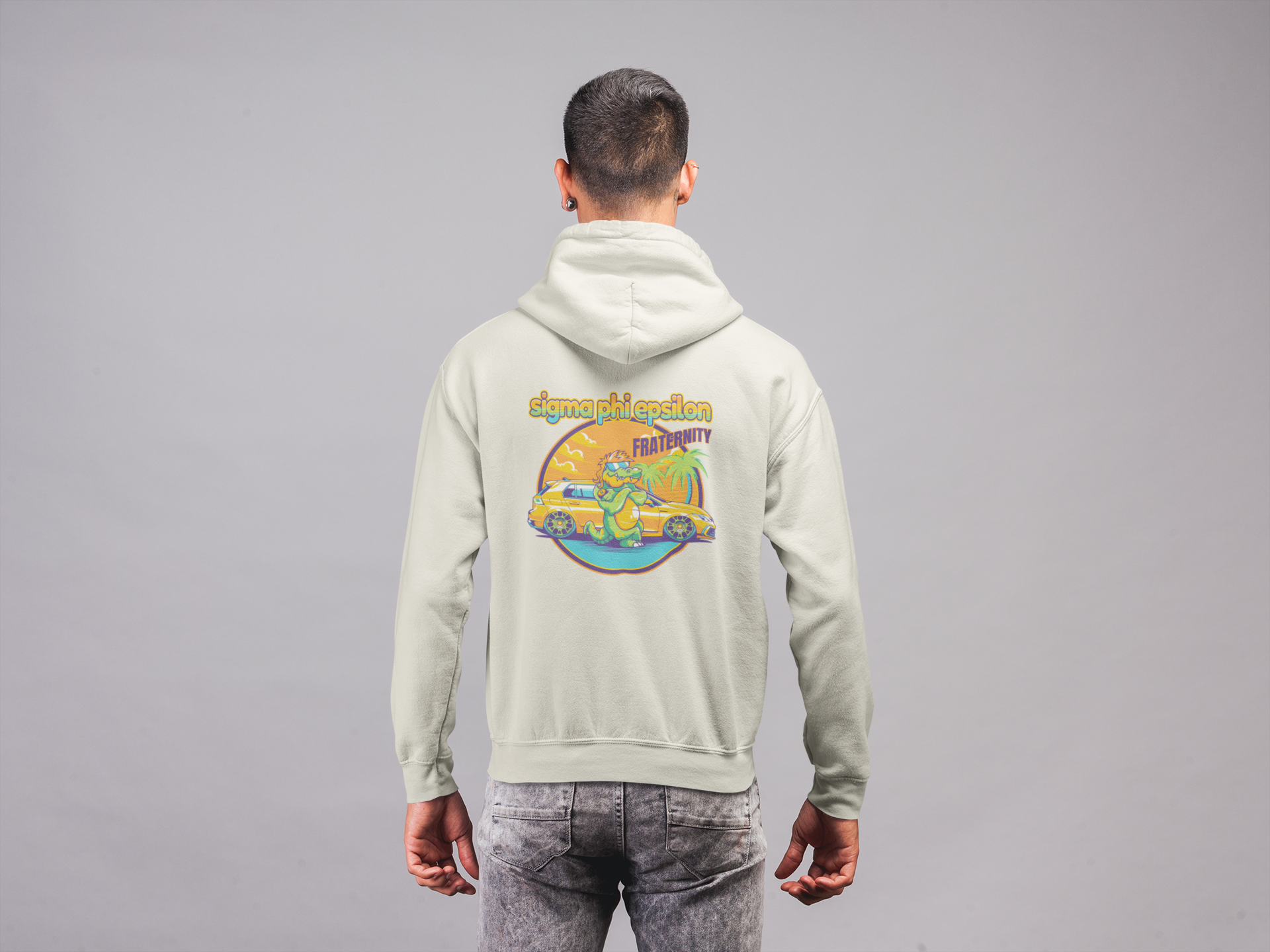 White Sigma Phi Epsilon Graphic Hoodie | Cool Croc | SigEp Clothing - Campus Apparel back model 