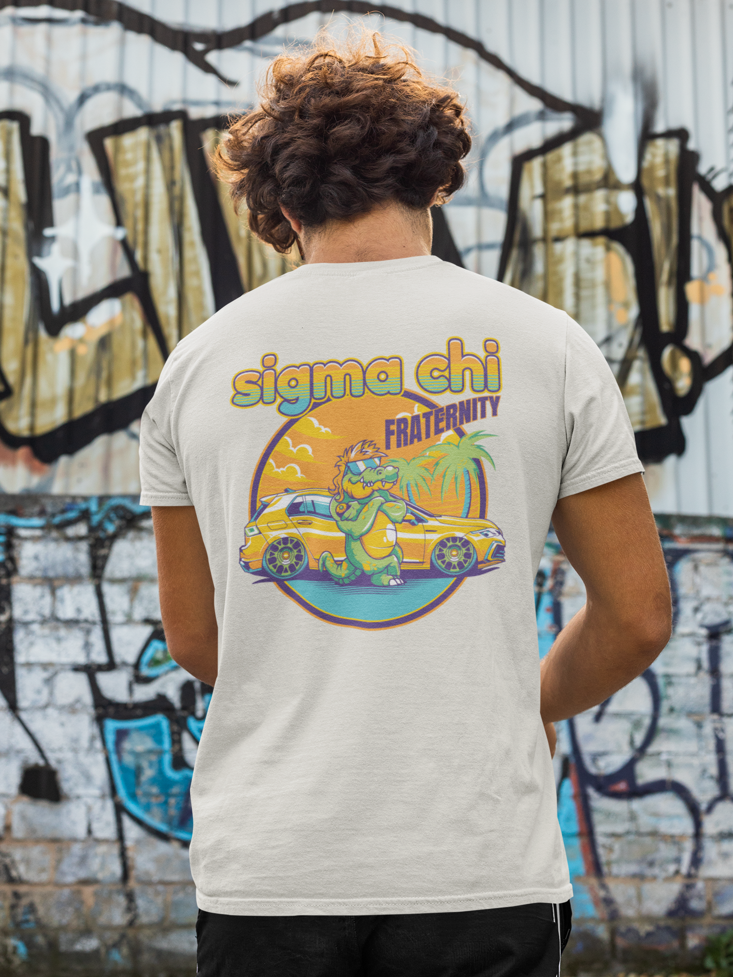 white Sigma Chi Graphic T-Shirt | Cool Croc | Sigma Chi Fraternity Apparel model 