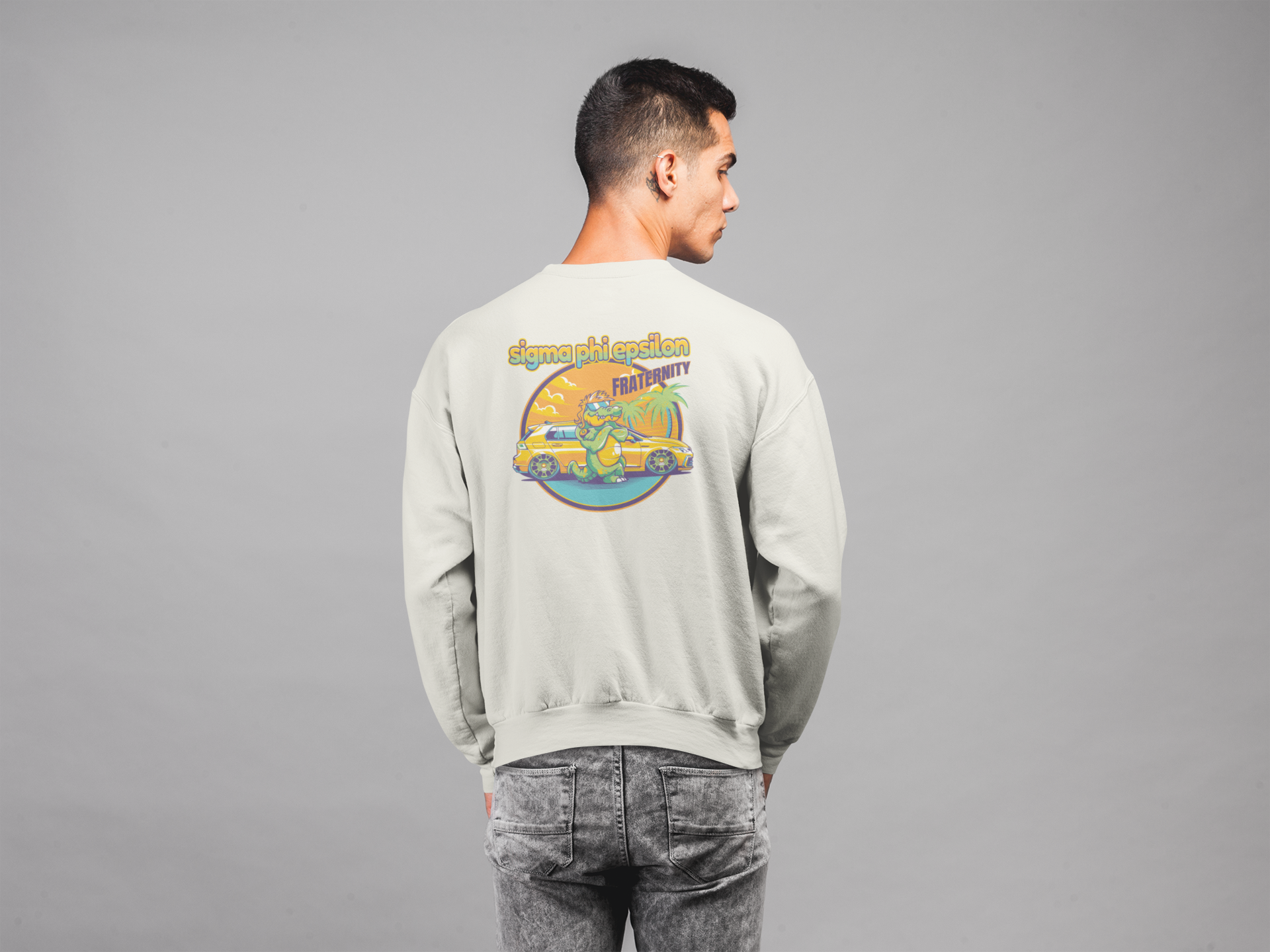 White Sigma Phi Epsilon Graphic Crewneck Sweatshirt | Cool Croc | SigEp Clothing - Campus Apparel model 