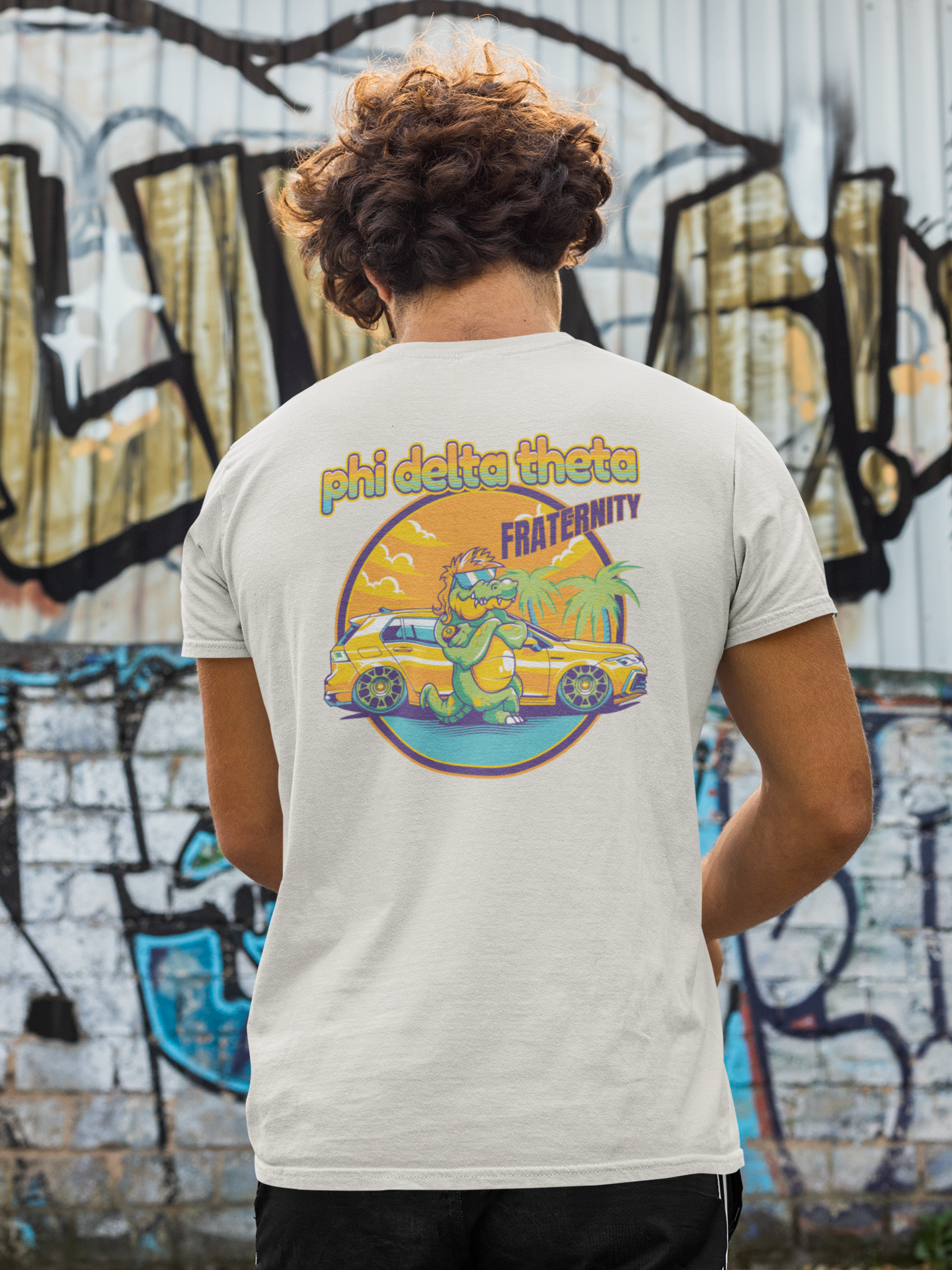 white Phi Delta Theta Graphic T-Shirt | Cool Croc | phi delta theta fraternity greek apparel back model 