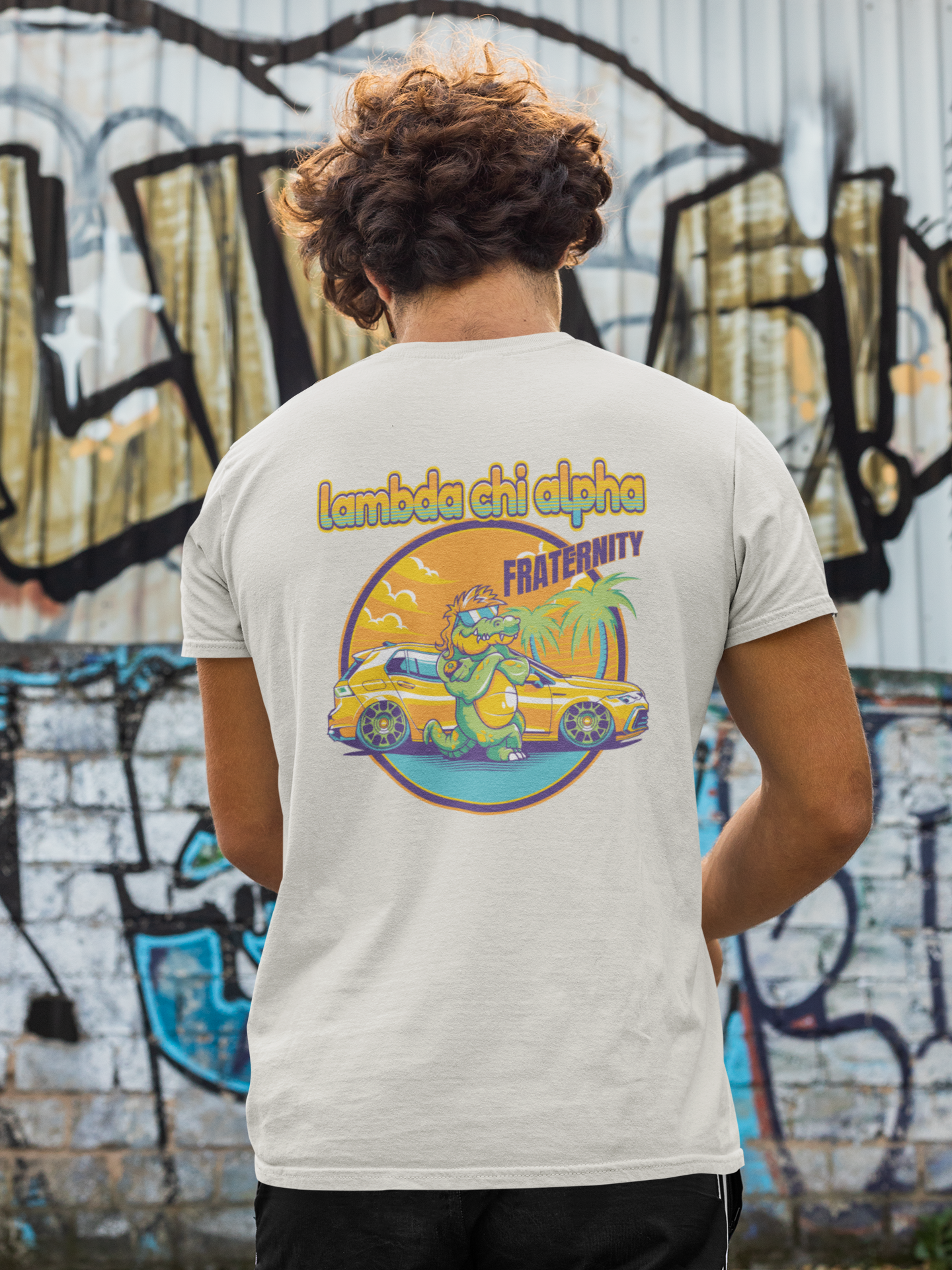 white Lambda Chi Alpha Graphic T-Shirt | Cool Croc | Lambda Chi Alpha Fraternity Apparel back model 