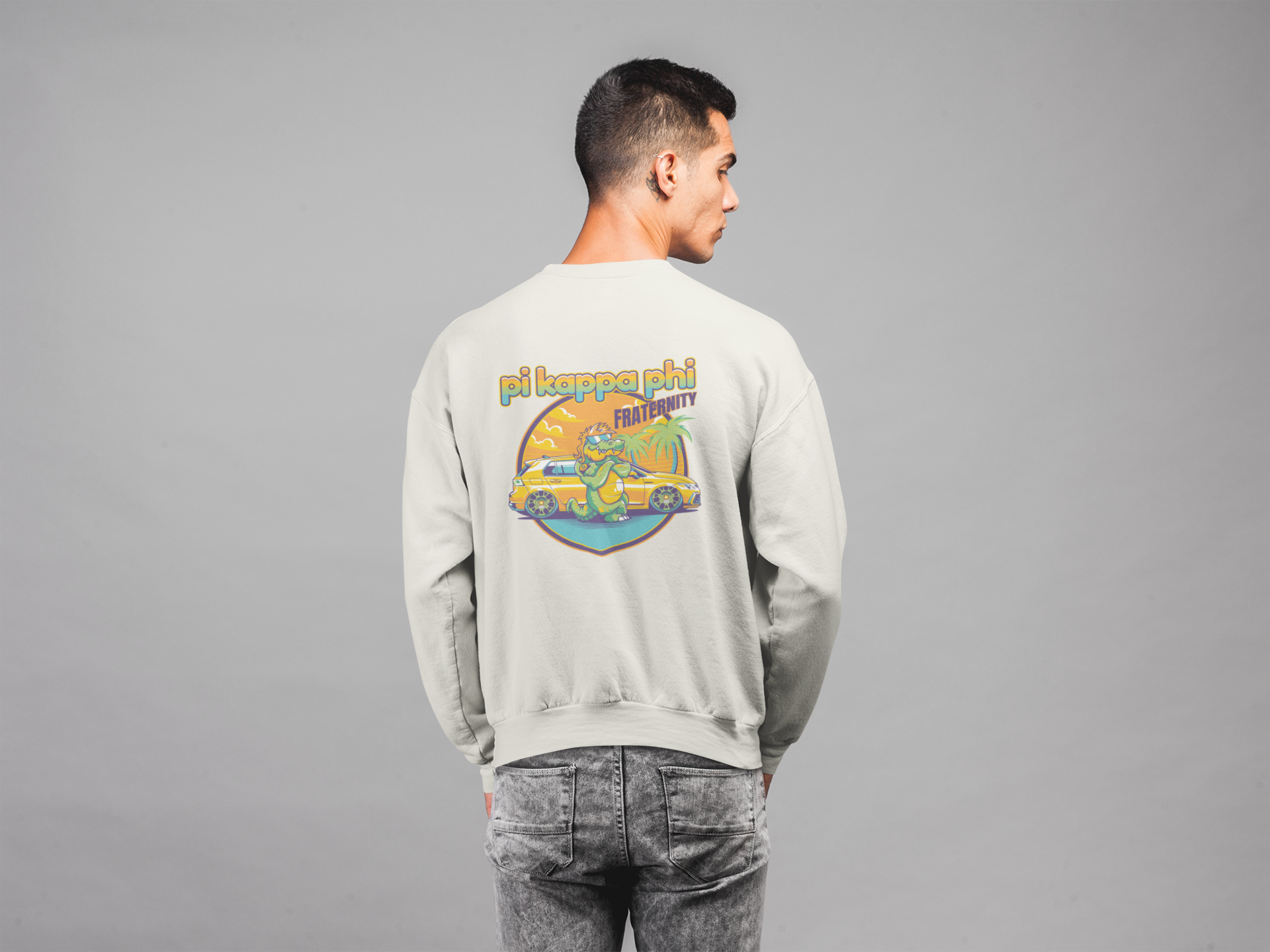 White Pi Kappa Phi Graphic Crewneck Sweatshirt | Cool Croc | Pi Kappa Phi Apparel and Merchandise model 