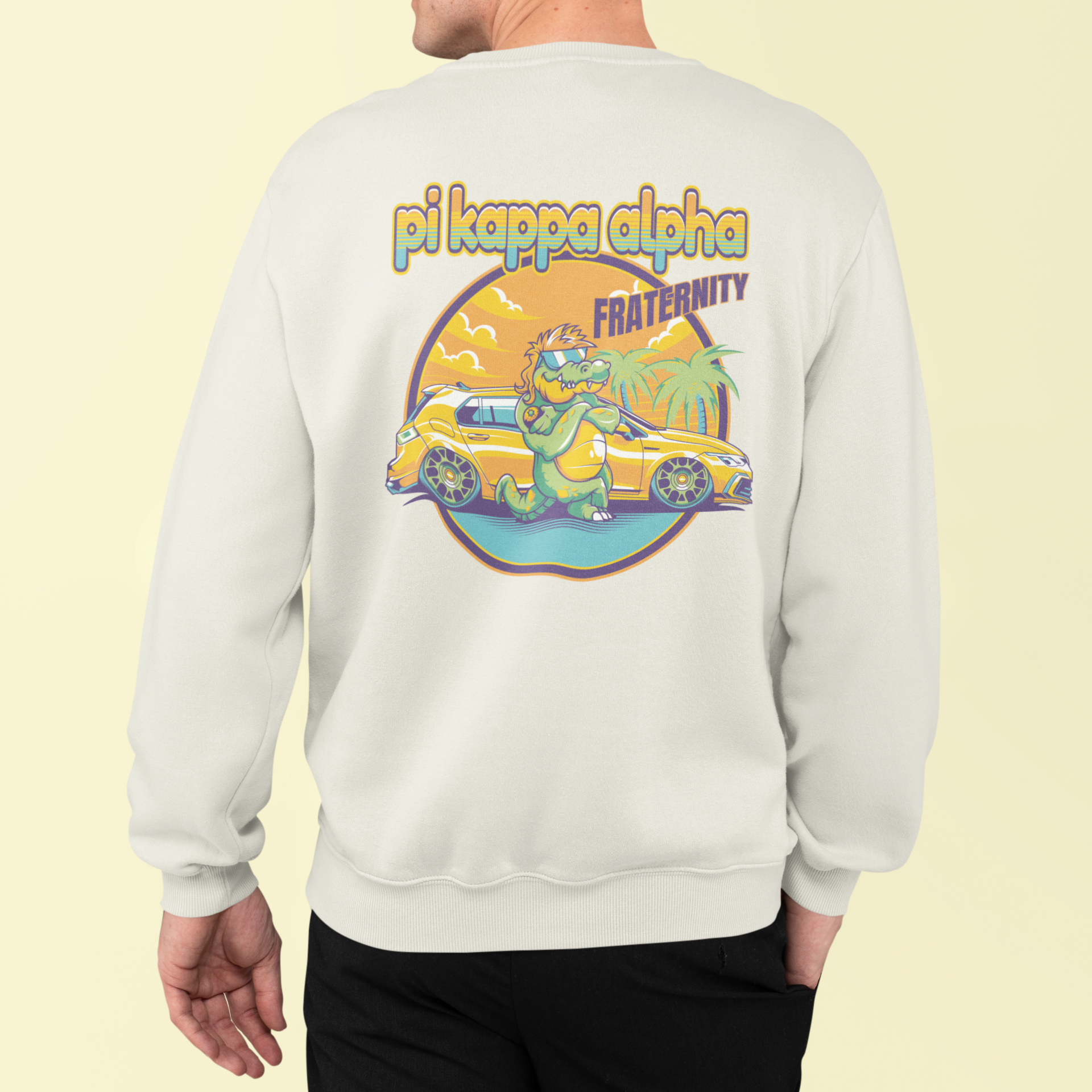 white Pi Kappa Alpha Graphic Crewneck Sweatshirt | Cool Croc | Pi kappa alpha fraternity shirt model 