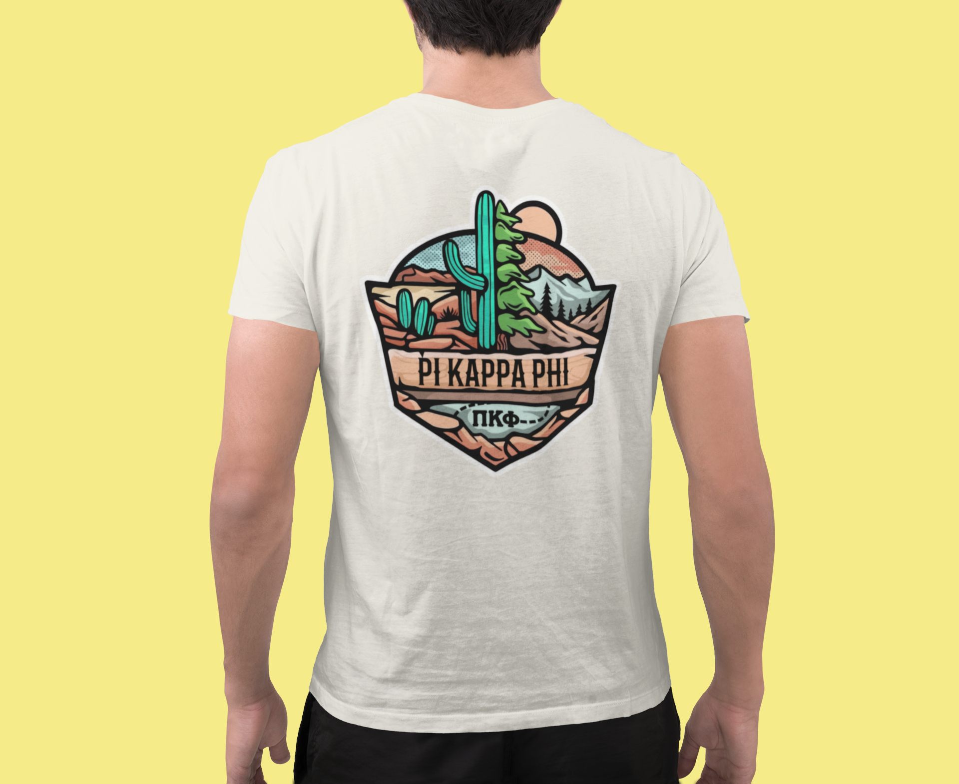 white Pi Kappa Phi Graphic T-Shirt | Desert Mountains | Pi Kappa Phi Apparel and Merchandise model 