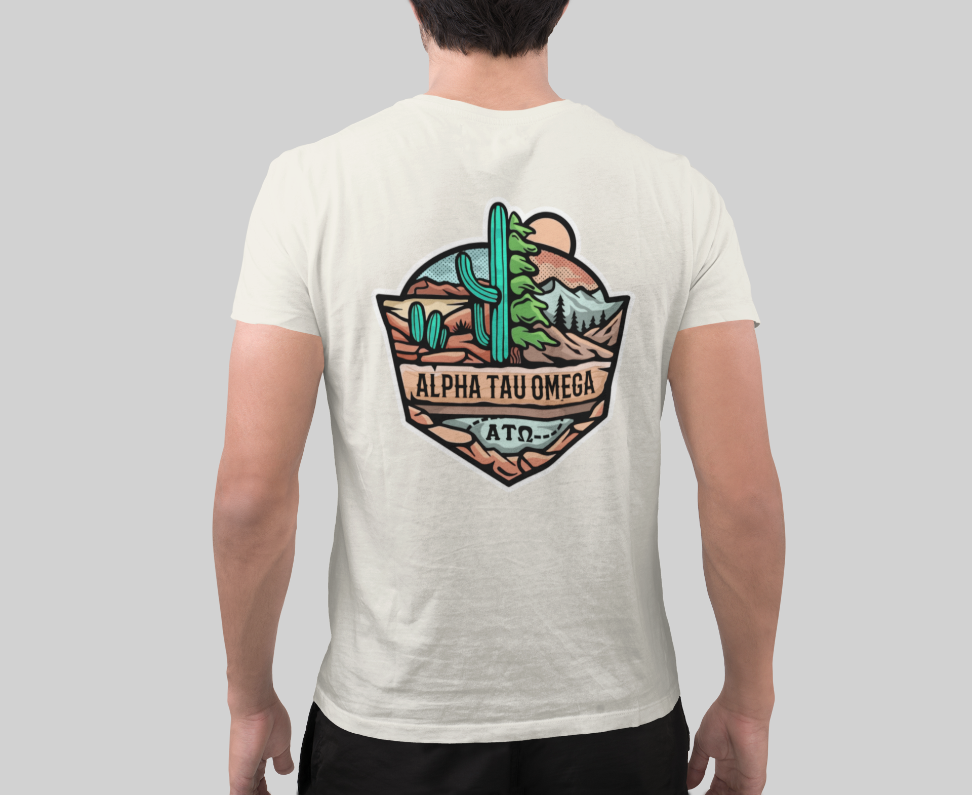 White Alpha Tau Omega Graphic T-Shirt | Desert Mountains | Alpha Tau Omega Fraternity Merch  model 