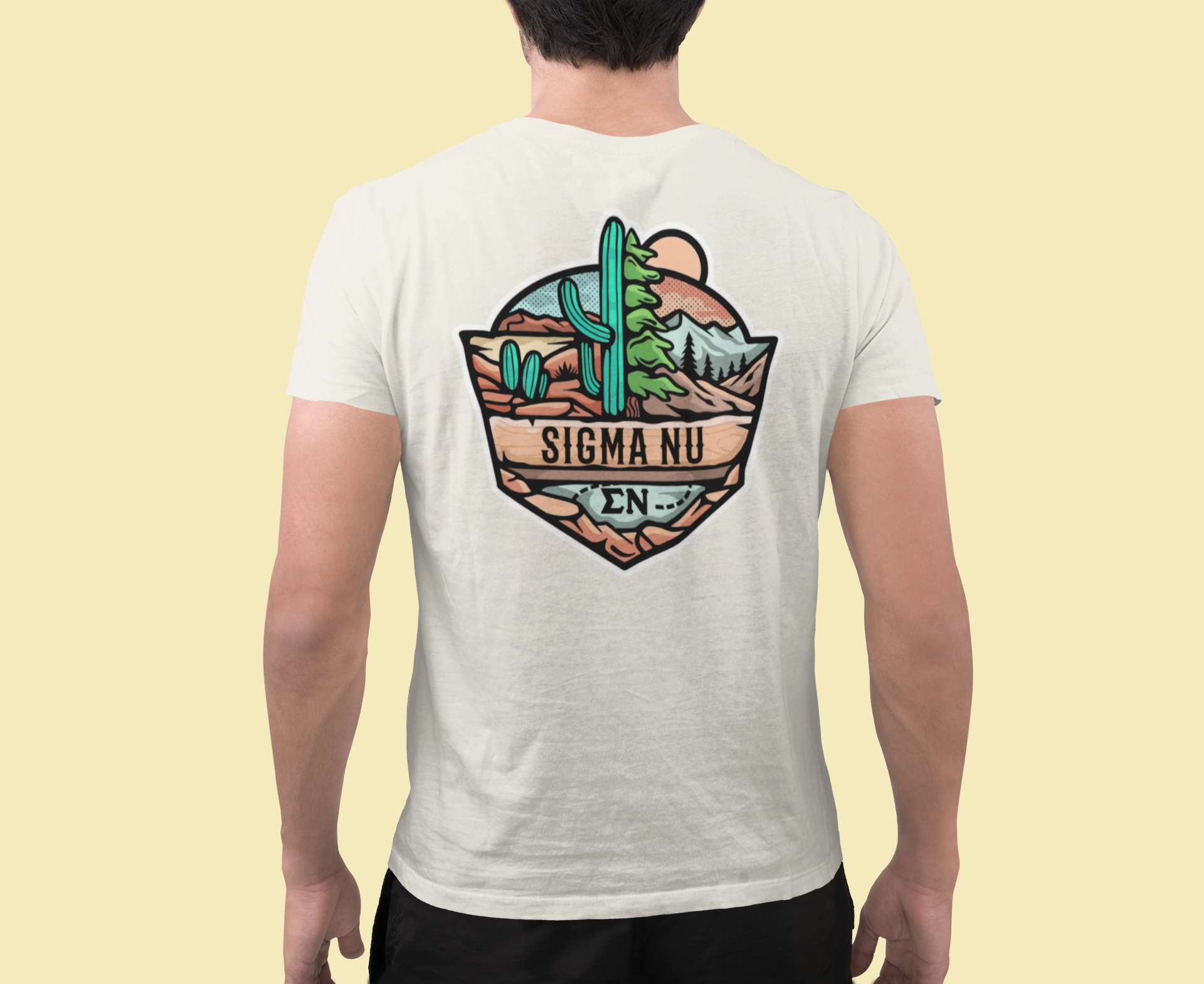 White Sigma Nu Graphic T-Shirt | Desert Mountains | Sigma Nu Clothing, Apparel and Merchandise model 