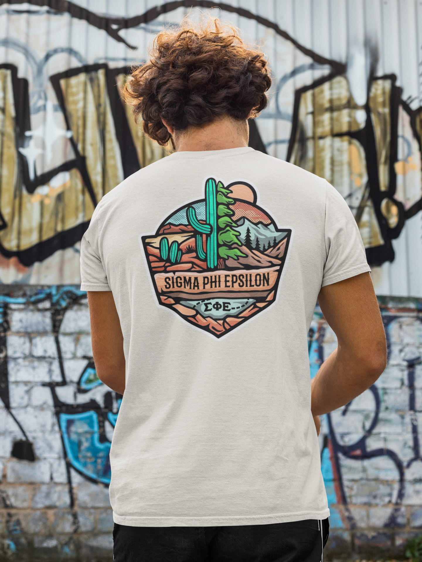 Sigma Phi Epsilon Graphic T-Shirt | Desert Mountains | SigEp Clothing - Campus Apparel model 