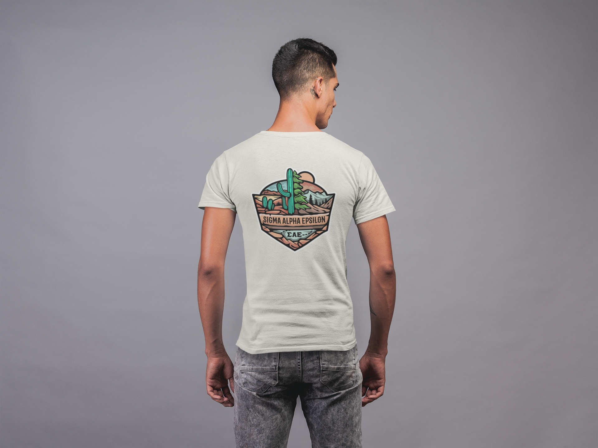 white Sigma Alpha Epsilon Graphic T-Shirt | Desert Mountains | Sigma Alpha Epsilon Clothing and Merchandise back model 
