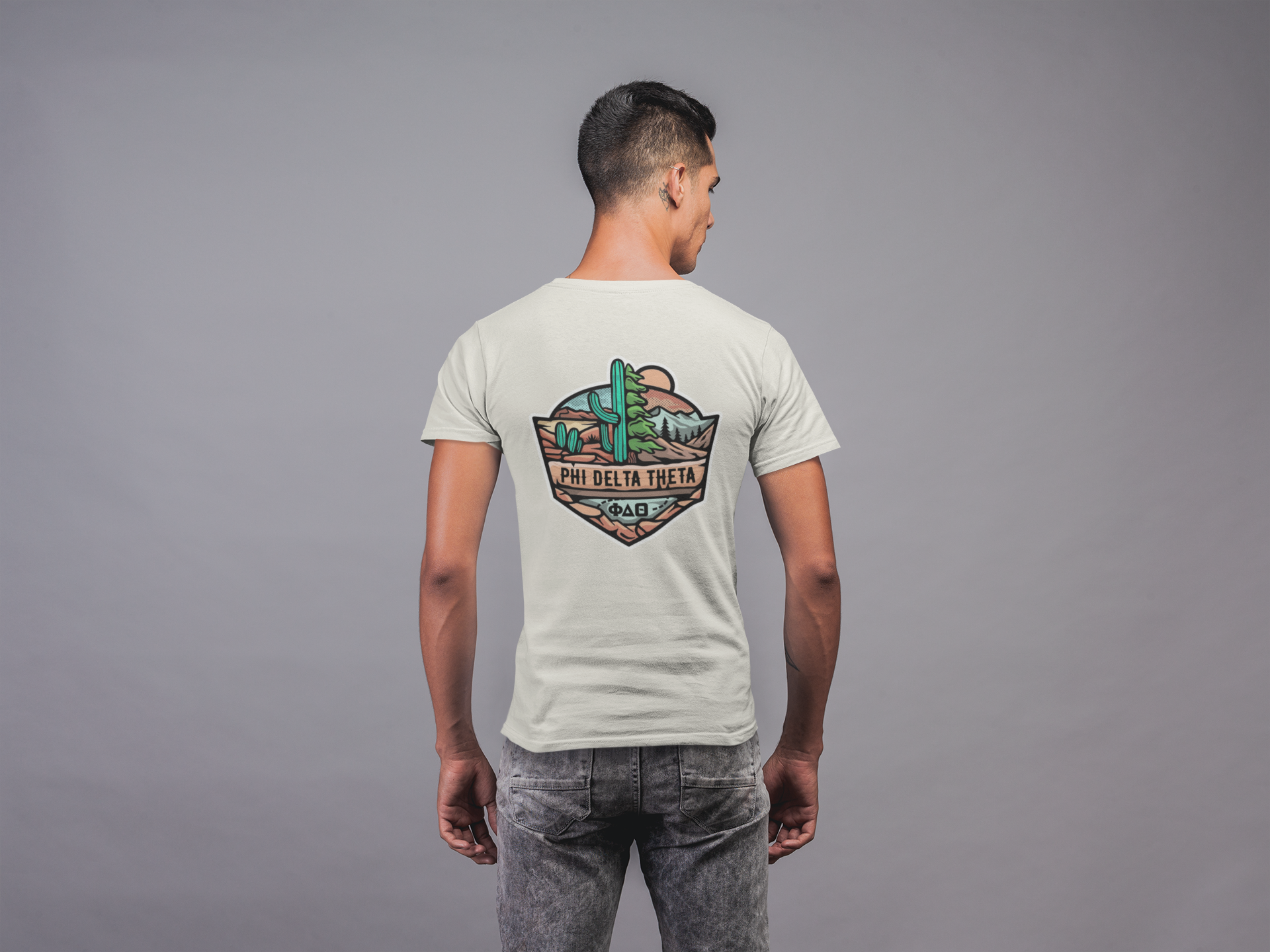 Phi Delta Theta Graphic T-Shirt | Desert Mountains | phi delta theta fraternity greek apparel model 