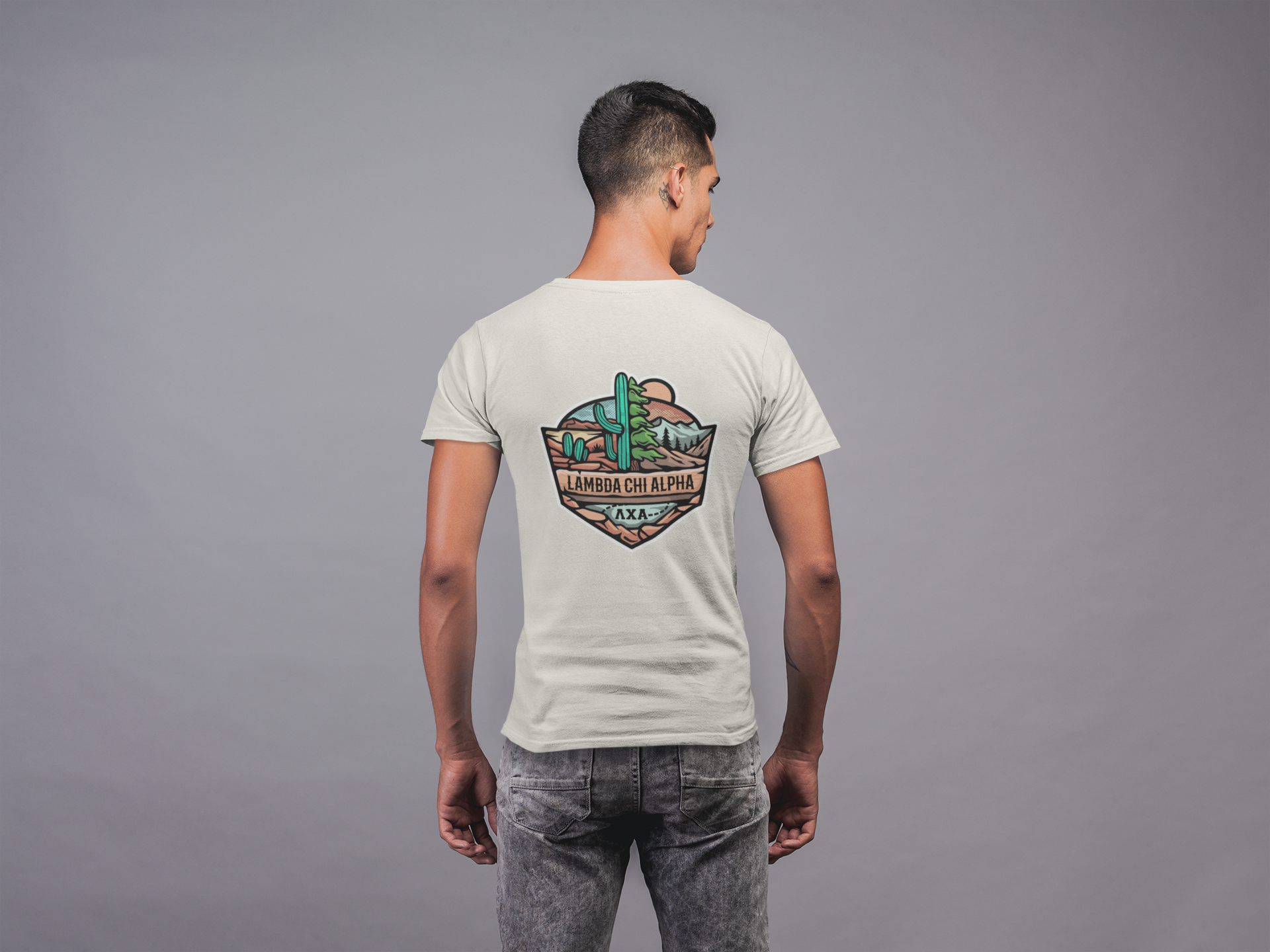 white Lambda Chi Alpha Graphic T-Shirt | Desert Mountains | Lambda Chi Alpha Fraternity Apparel model 