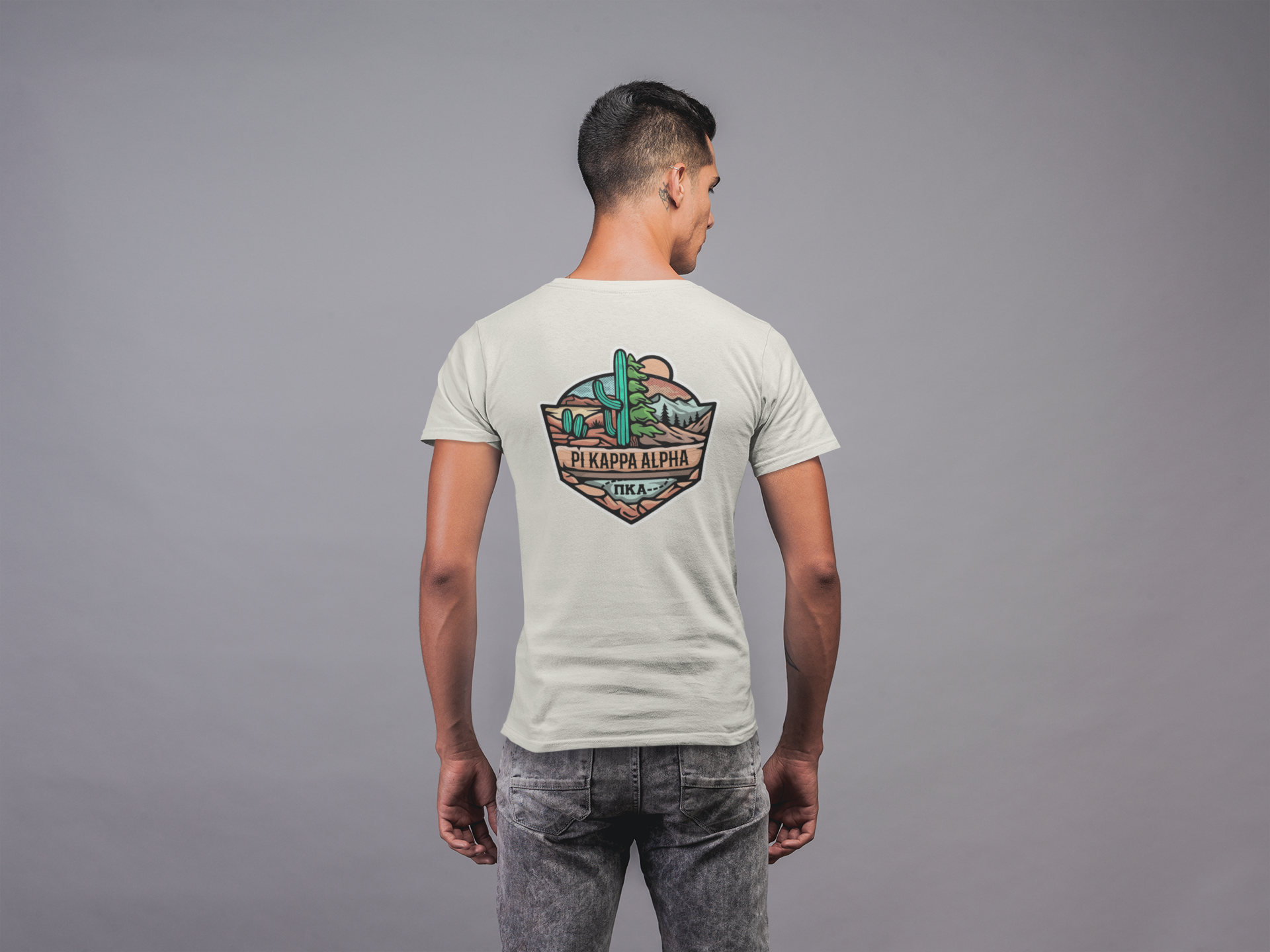 Pi Kappa Alpha Graphic T-Shirt | Desert Mountains | Pi kappa alpha fraternity shirt back model 