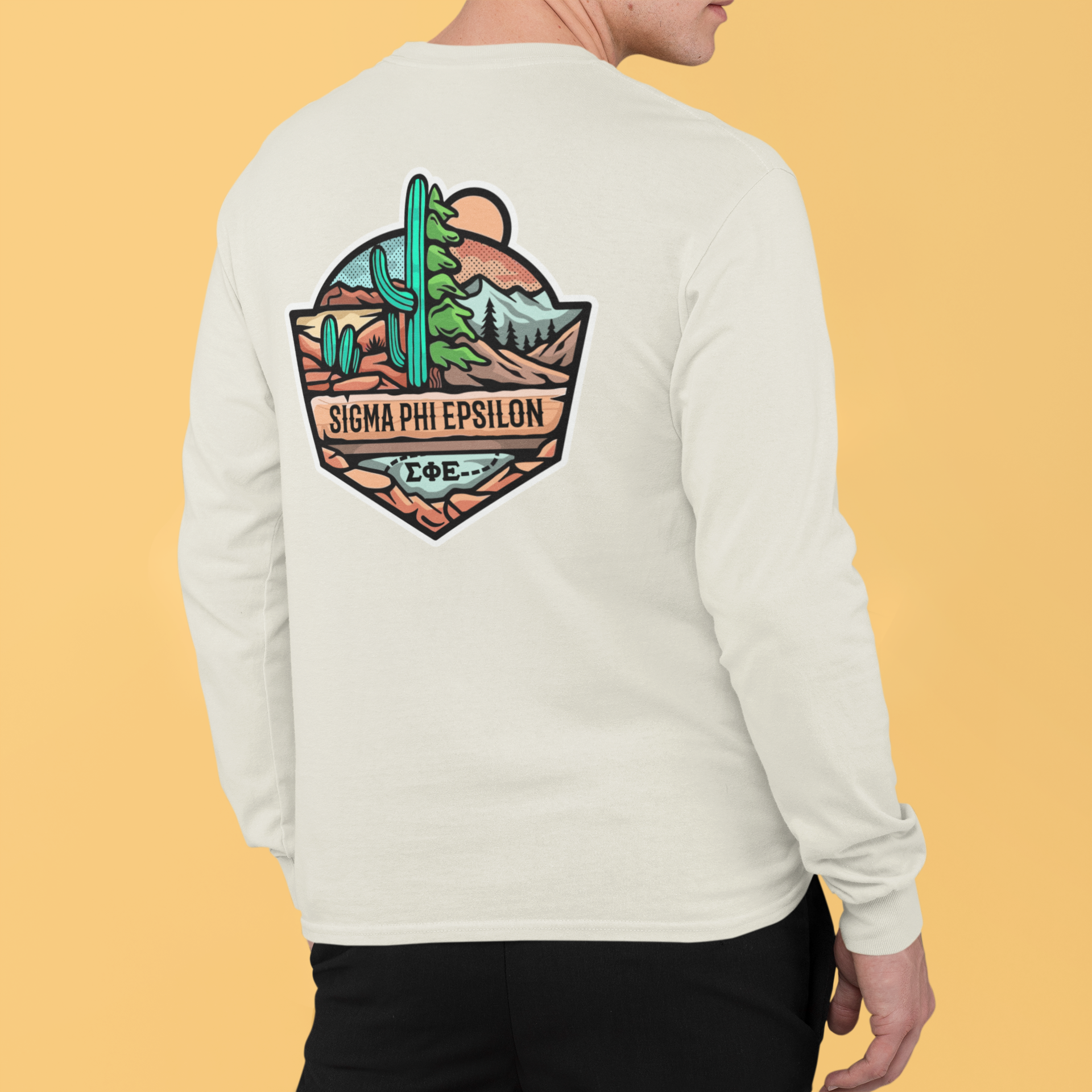 White Sigma Phi Epsilon Graphic Long Sleeve T-Shirt | Desert Mountains | SigEp Clothing - Campus Apparel