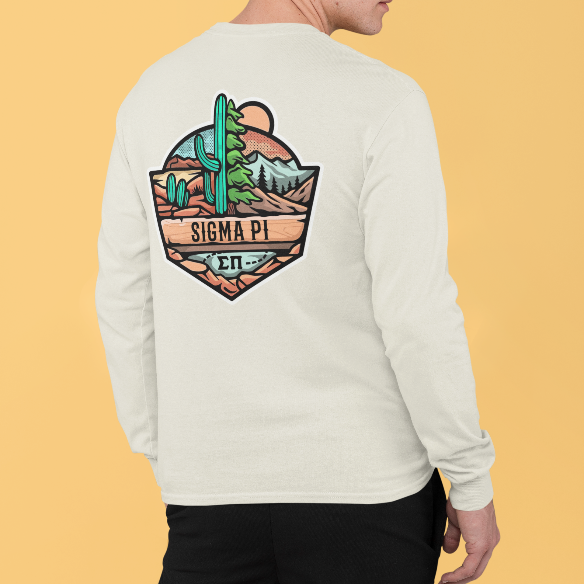 White Sigma Pi Graphic Long Sleeve T-Shirt | Desert Mountains | Sigma Pi Apparel and Merchandise model 