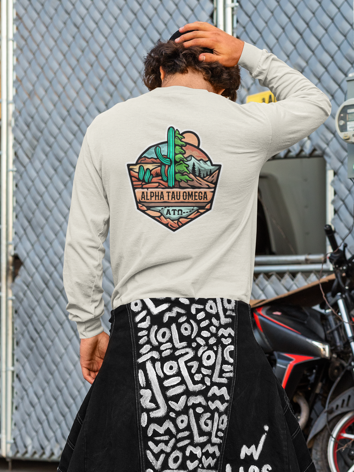 Alpha Tau Omega Graphic Long Sleeve T-Shirt | Desert Mountains | Alpha Tau Omega Fraternity Merch back model 