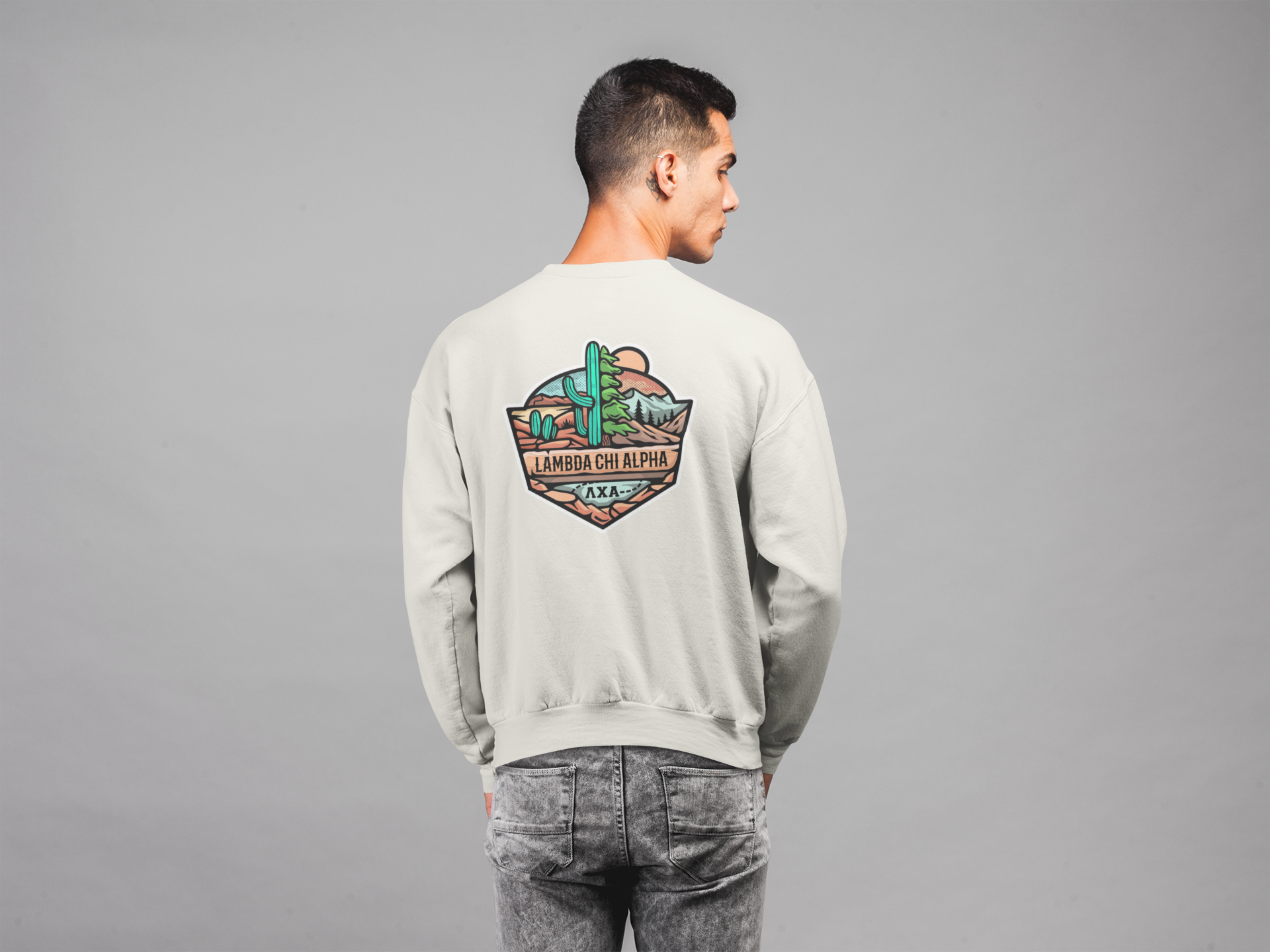 White Lambda Chi Alpha Graphic Crewneck Sweatshirt | Desert Mountains | Lambda Chi Alpha Fraternity Apparel model  