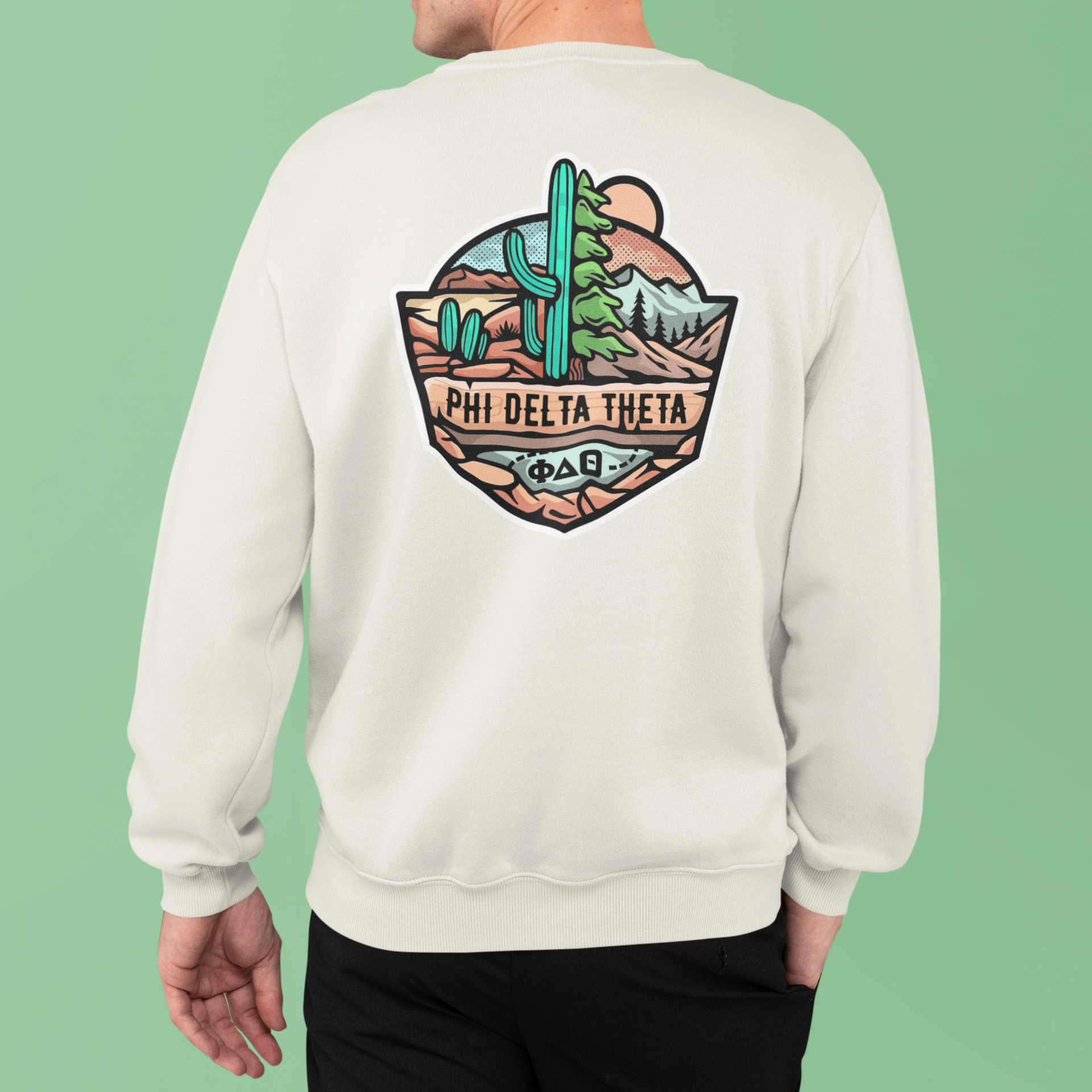 white Phi Delta Theta Graphic Crewneck Sweatshirt | Desert Mountains | phi delta theta fraternity greek apparel model 