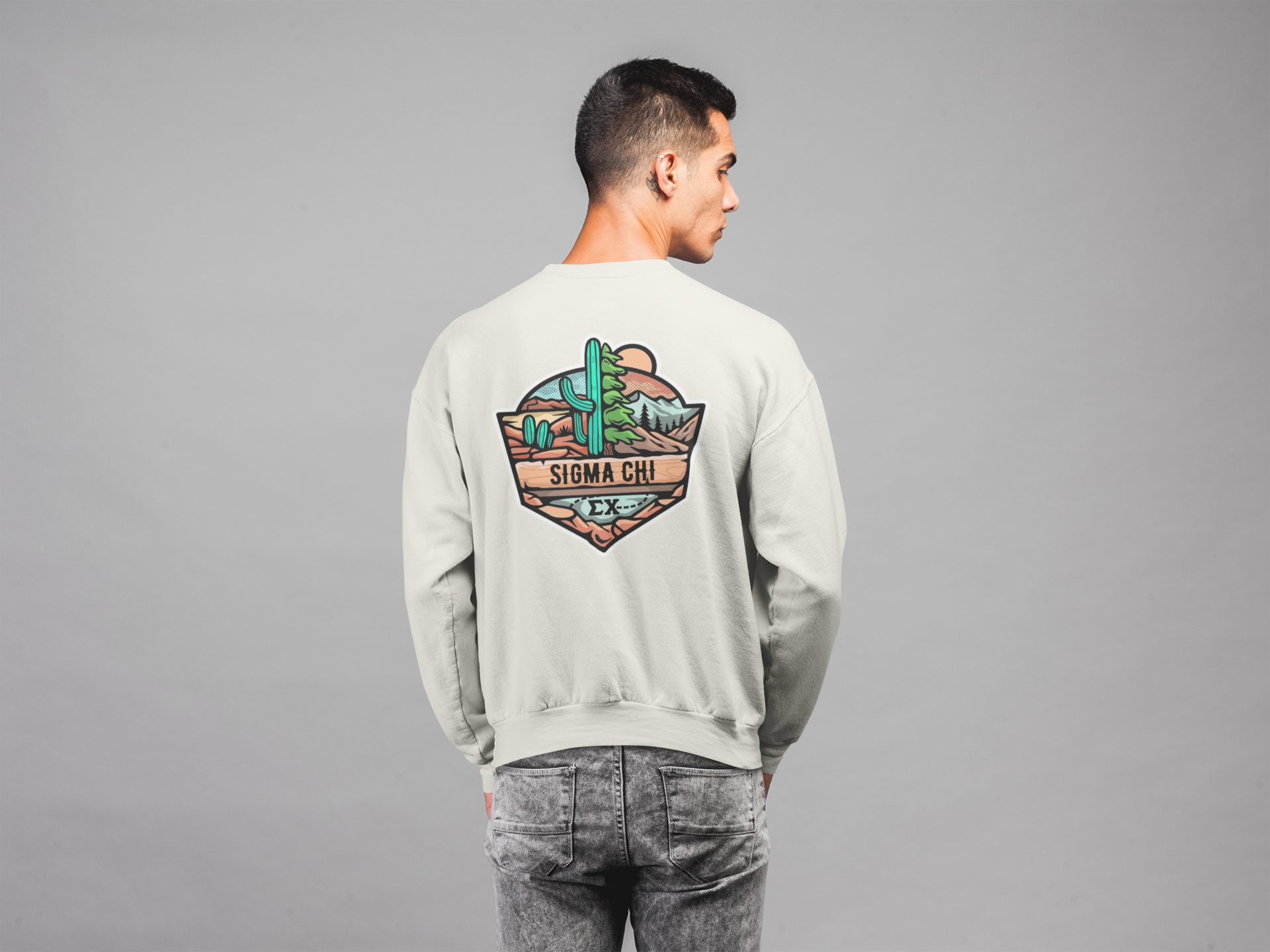 White Sigma Chi Graphic Crewneck Sweatshirt | Desert Mountains | Sigma Chi Fraternity Apparel model 