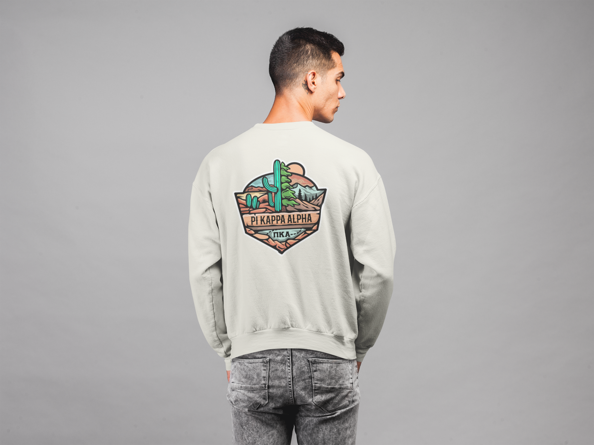 white Pi Kappa Alpha Graphic Crewneck Sweatshirt | Desert Mountains | Pi kappa alpha fraternity shirt model 