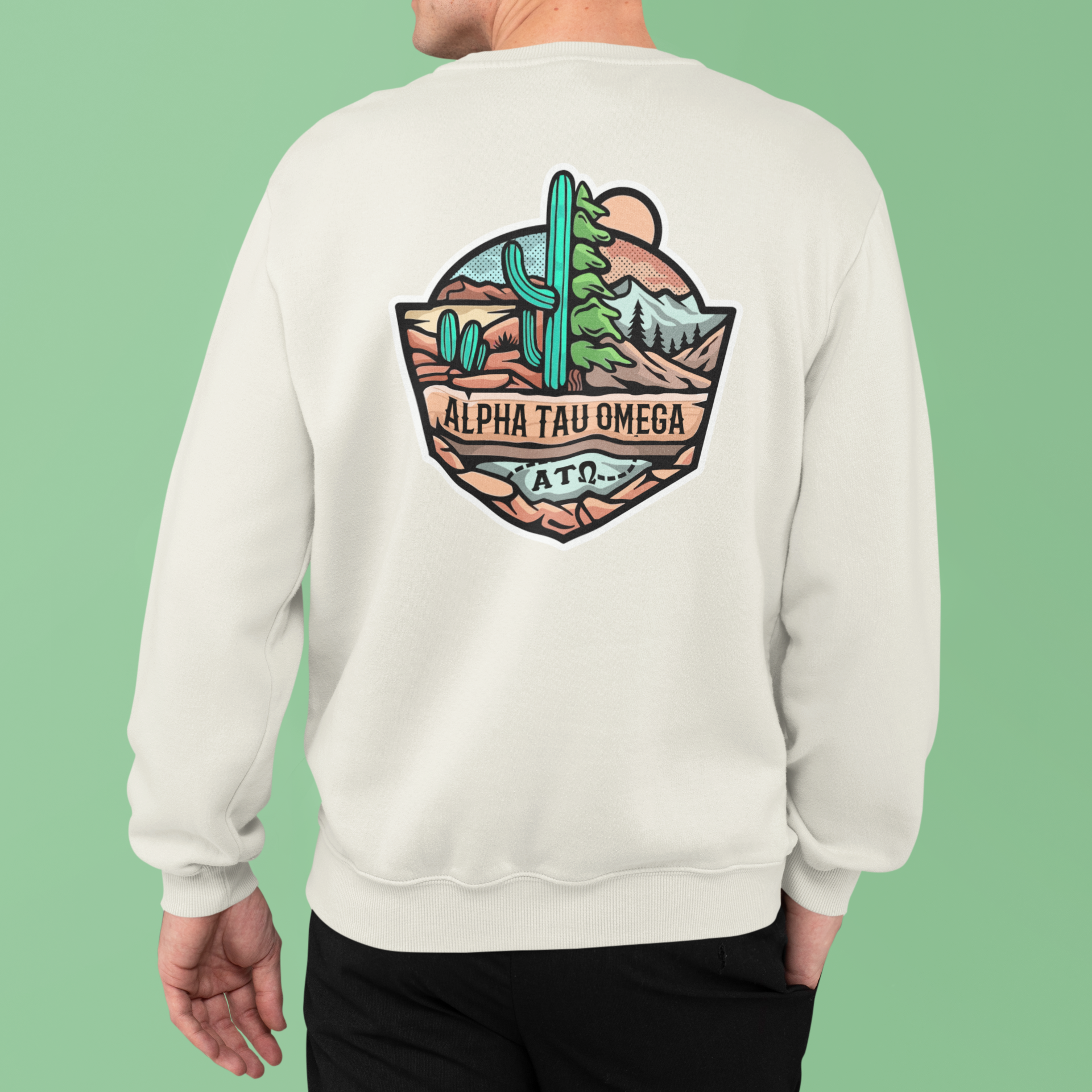 White Alpha Tau Omega Graphic Crewneck Sweatshirt | Desert Mountains | Alpha Tau Omega Fraternity Merch model 