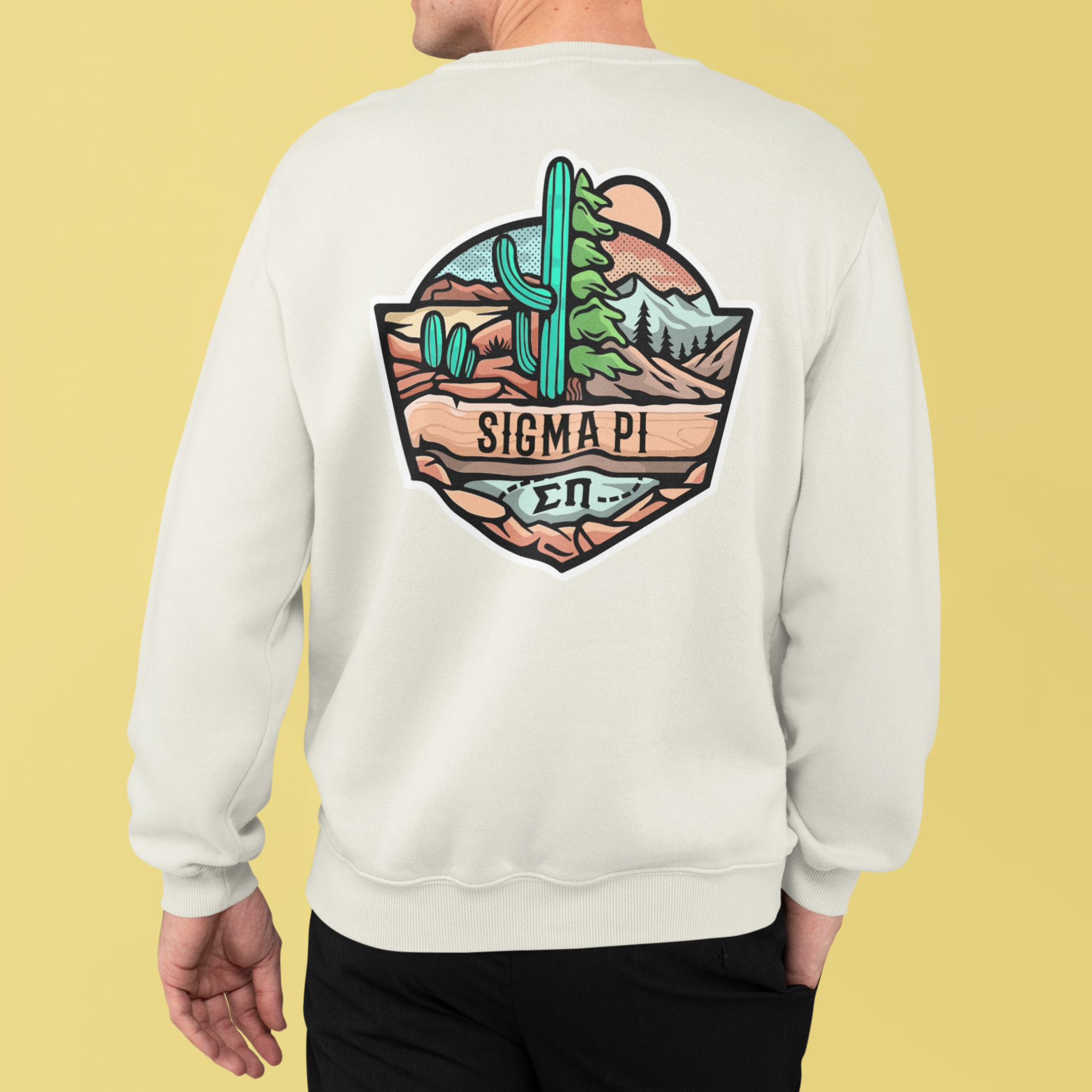 White Sigma Pi Graphic Crewneck Sweatshirt | Desert Mountains | Sigma Pi Apparel and Merchandise back model 