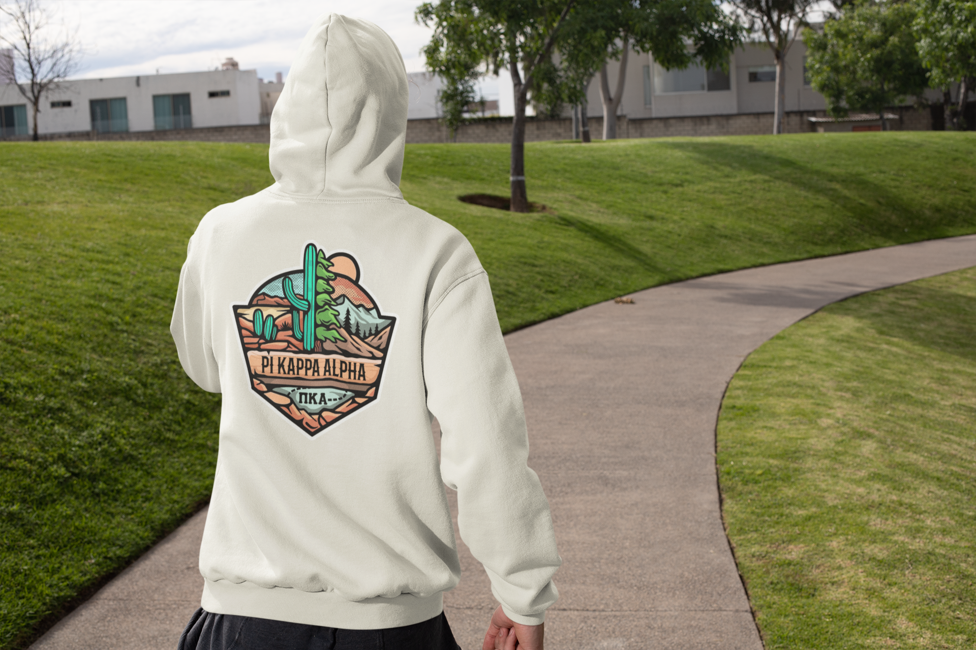 White Pi Kappa Alpha Graphic Hoodie | Desert Mountains | Pi kappa alpha fraternity shirt model 