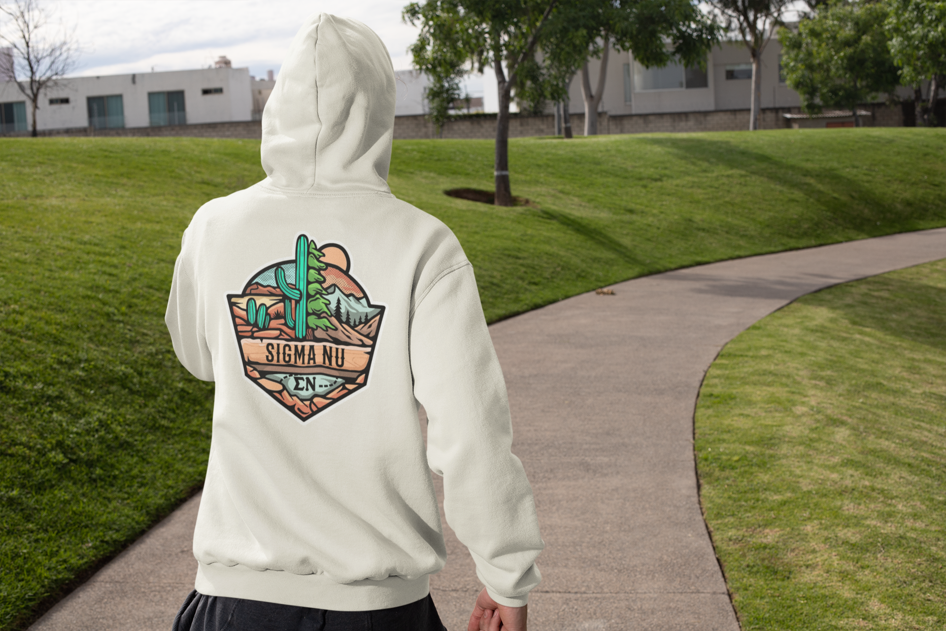 White Sigma Nu Graphic Hoodie | Desert Mountains | Sigma Nu Clothing, Apparel and Merchandise model