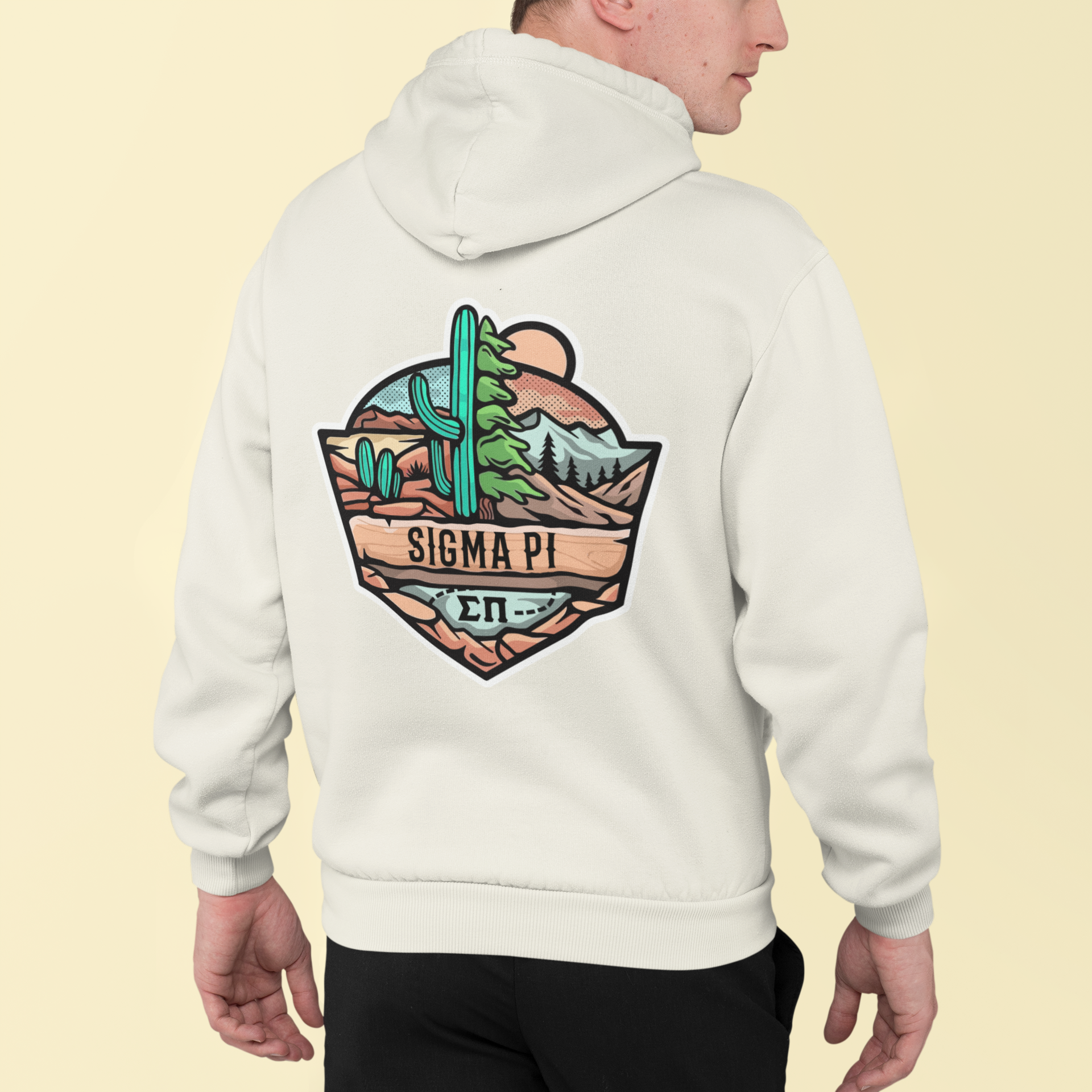 White Sigma Pi Graphic Hoodie | Desert Mountains | Sigma Pi Apparel and Merchandise back model 
